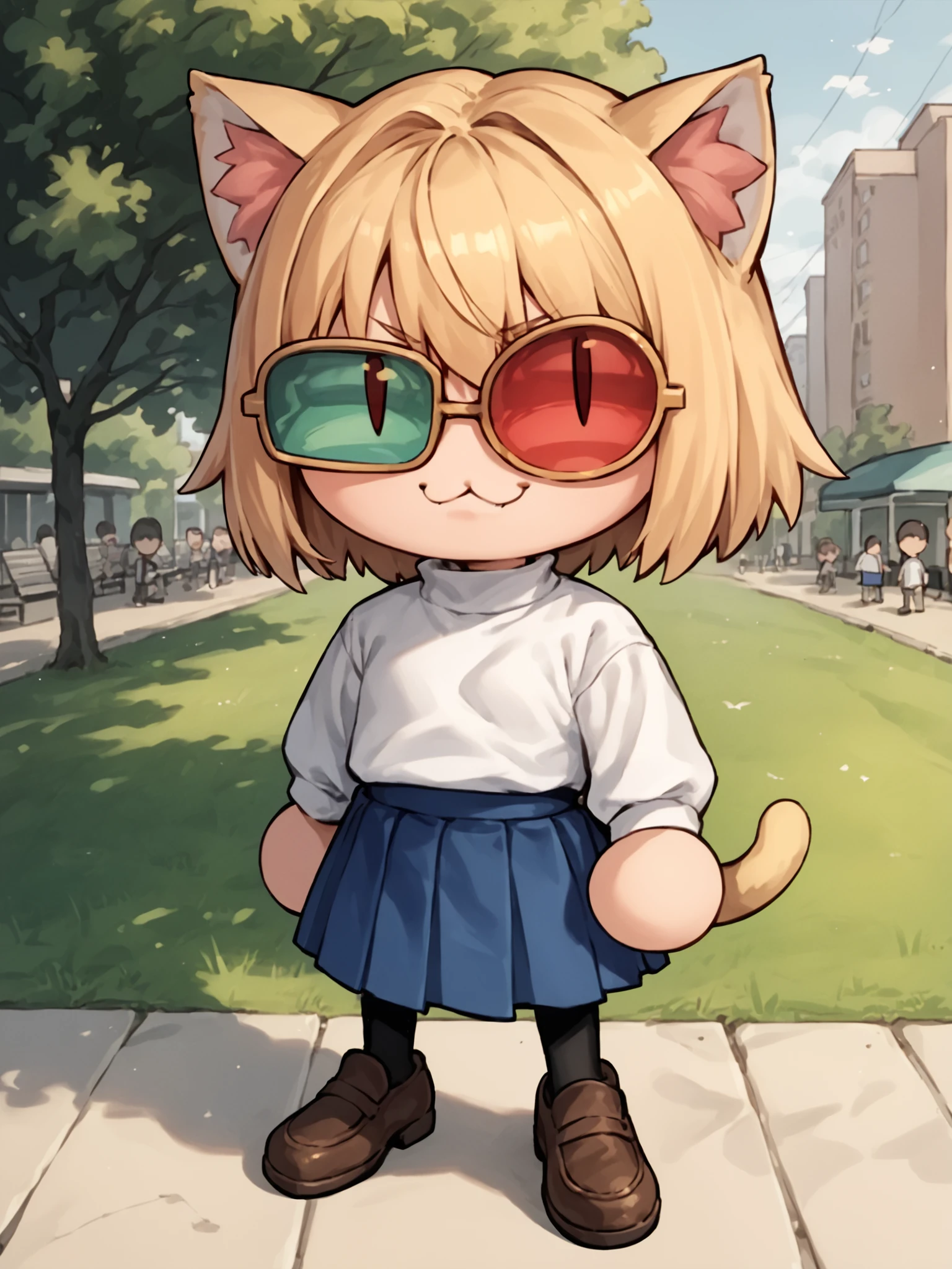 score_9, score_8_up, score_7_up, score_6_up, score_5_up, score_4_up, outside, park, full body, standing BREAK
<lora:SJGlasses_d8-000010:1.0> sjglasses, tinted glasses, <lora:necoarc-guy-PONYv1_1:1> necoarc, blonde hair, slit pupils, cat ears, :3, chibi, turtleneck, white shirt, blue skirt, pleated skirt, pantyhose, brown footwear, looking at viewer, smug