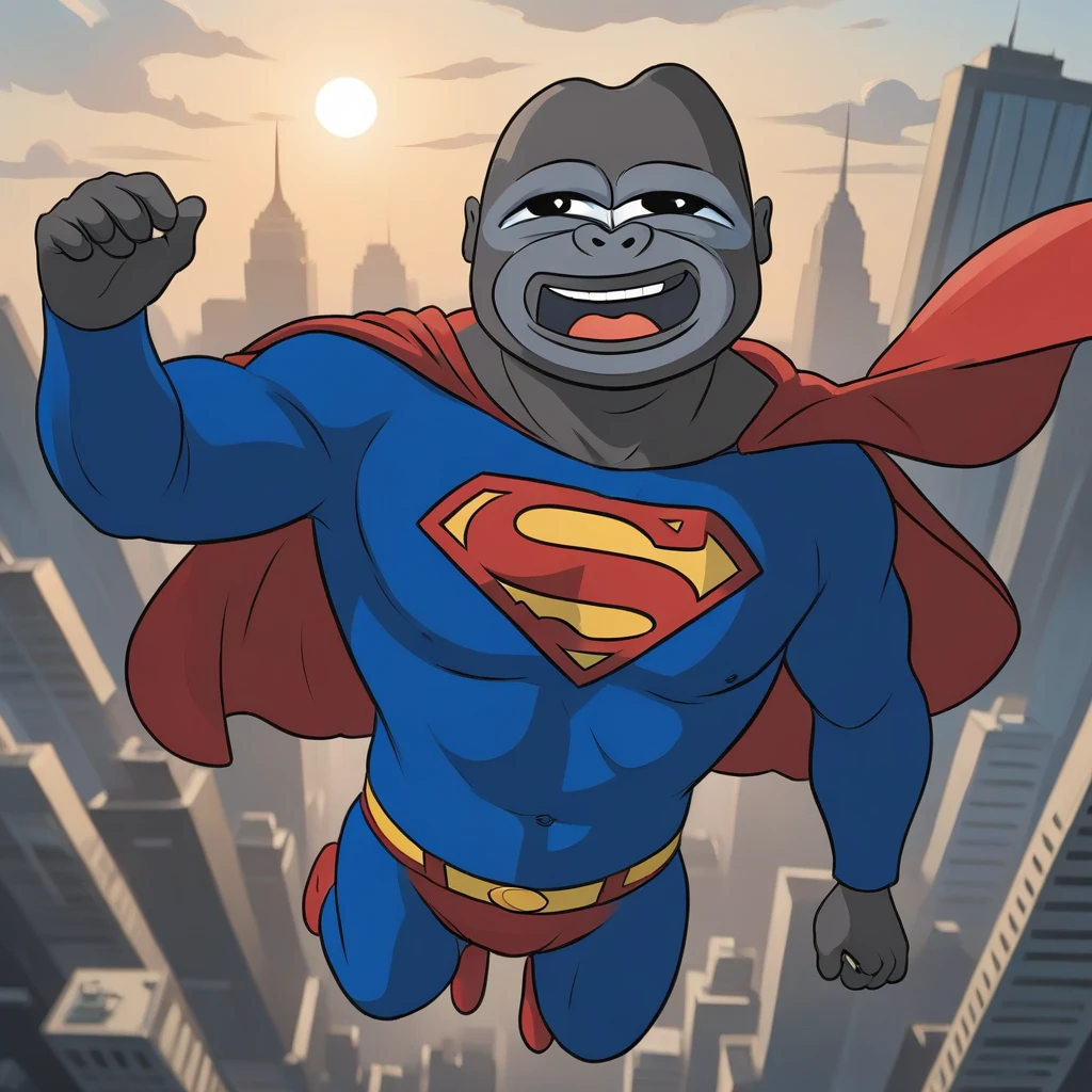 ,((monke, gorilla character, monke_boy, bald,1boy)),(wearing a superman costume, flying in air, superman)