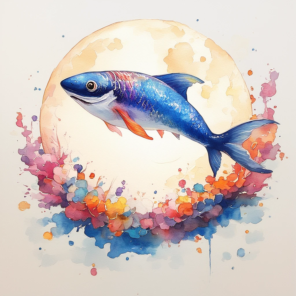 Score_9, score_8_up, score_7_up, score_6_up,    ArsMJStyle, Pisces, The image shows a painting of two koi fish swimming in front of a full moon surrounded by a white background. The painting is a representation of the zodiac sign of the fish with its vibrant colors and intricate details., no humans, round image, fish, painting (medium), traditional media, circle, watercolor (medium), moon, animal focus, acrylic paint (medium)