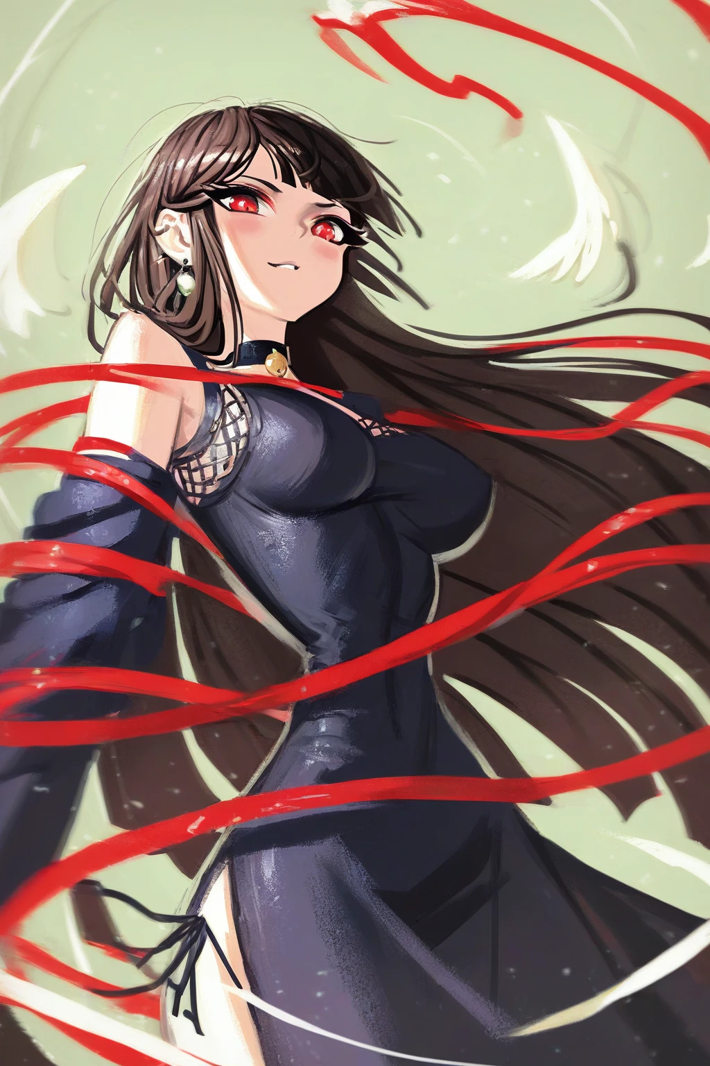 score_9, score_8_up, score_7_up, yu mei-ren \(fate\), Yu_Mei-Ren_Default, red eyes, brown hair, straight hair, very long hair, black dress, ribbon-trimmed dress, sleeveless dress, side-tie dress, hip vent, breast strap, no bra, center opening, side slit, black ribbon, black gloves, elbow gloves, black choker, multiple earrings, black jacket, fur-trimmed jacket, long sleeves, solo, solo focus, cowboy shot, green theme,red background, Leaning back with arms outstretched, looking relaxed, <lora:2024-08-13_10-43-06-save-12936-77-0:1.3>