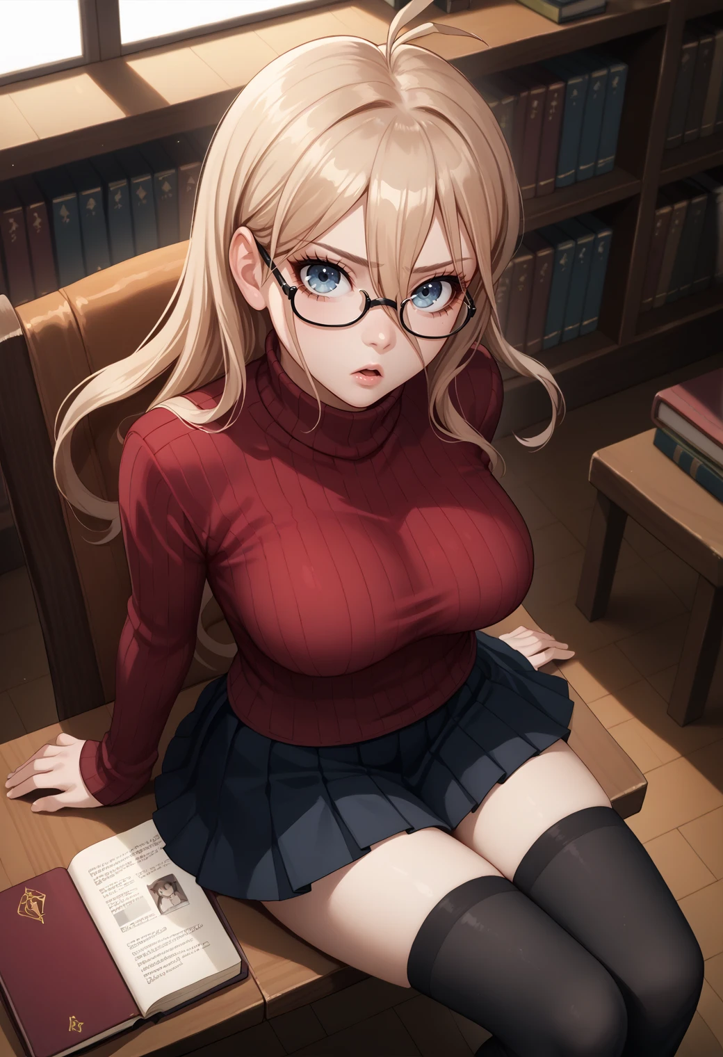 score_9, score_8_up, score_7_up, source_anime, 1girl, sitting, chair, from above, looking at viewer, chestnut mouth, <lora:MiuDR-pdxl:1> defMiu, long hair, antenna hair, hair between eyes, large breasts, glasses, ribbed sweater, turtleneck, pleated skirt, black thighhighs, library, indoors, open book