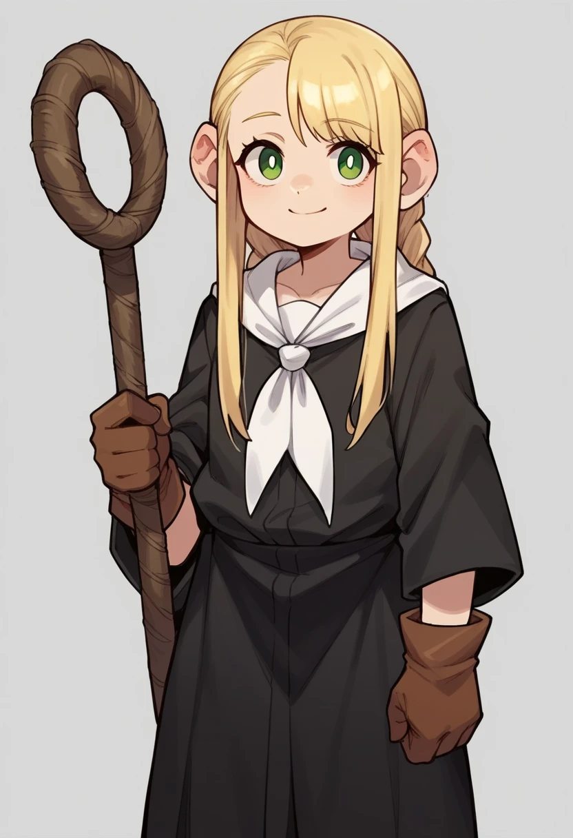 score_9, score_8_up, score_7_up, core_6, score_5, score_4, 
1girl, solo, MiniMarci, small girl, green eyes,blonde hair, half bangs, long hair, braided, 
standing, black robe, white neckerchief, brown gloves, finger-cut gloves,   <lora:MiniMarci-16:0.8>
holding staff, looking at viewer, smile