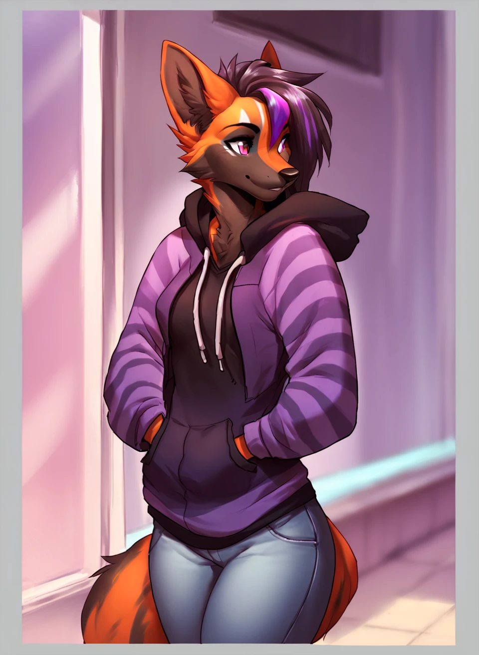 score_9, score_8_up, score_7_up, score_6_up, score_5_up, score_4_up, lockworkorange, 1girl, solo,canine, Dark Orange fur, Neon Purple eyes, striped hair, hoodie, jeans, solo, cowboy shot, mall background <lora:LockworkOrange_epoch_16:1>