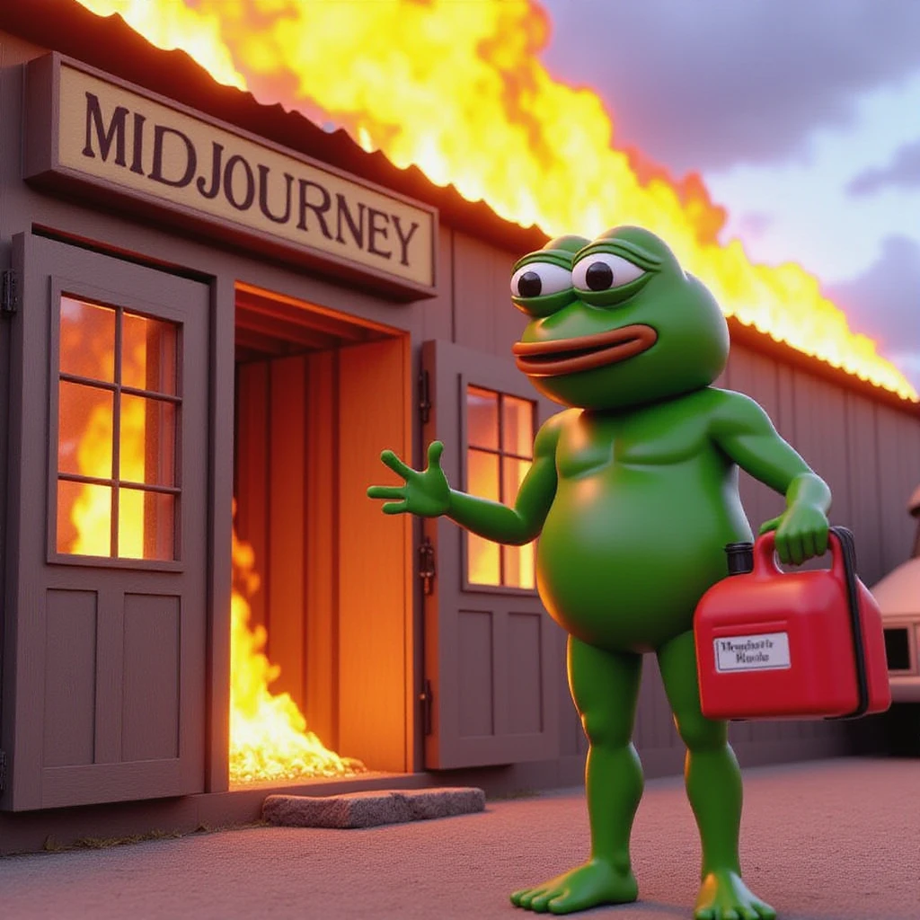 pepe holding a red gasoline container standing next to a building with a sign that reads 'MIDJOURNEY' that is on fire, this is fine, 3D render