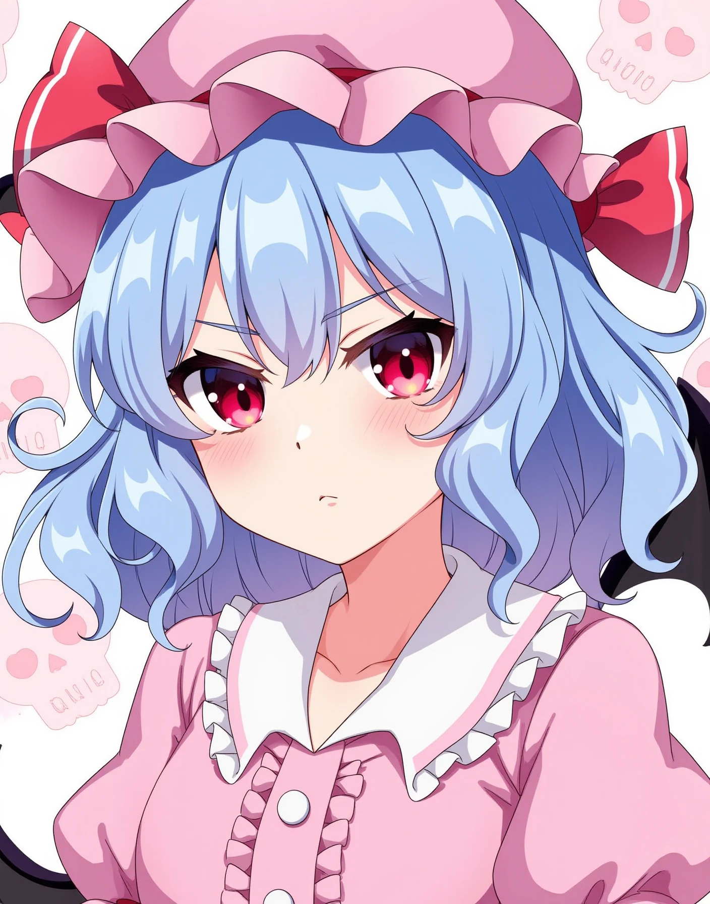 A vibrant anime-style portrait of Remilia Scarlet, from the shoulders up, with a mischievous twist. Her light blue hair is styled in elegant curls. Her deep red eyes sparkle with amusement, and she sports a cheeky grin revealing one fang. Remilia wears her signature pink mob cap, now decorated with a comically oversized bow. Her pastel pink dress features a collar of fluffy bat-shaped ruffles. In the background, cartoon bats and teacups float whimsically. The image is highly detailed, with a soft pastel color palette and a dreamy, slightly sparkly atmosphere. Professional-grade artwork with high resolution and intricate details throughout.