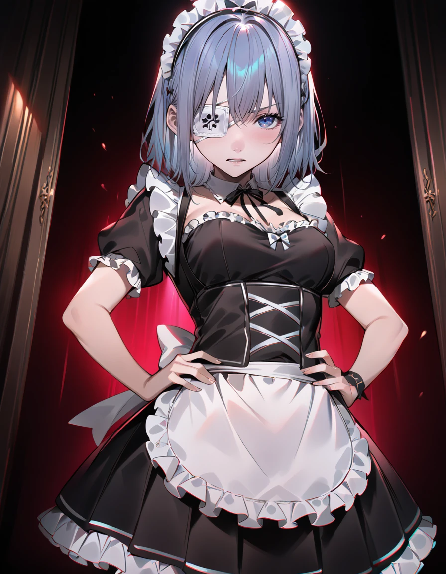 (masterpiece), best quality, (4K), (cinematic lighting), highly detailed, 8K, UHD, ultra detailed, immersive picture, vivid colors, volumetric light, cinematic light, extremely detailed CG, medium shot
1girl, maid uniform, frilly headband, annoyed expression, from below, looking at viewer, hands on hips, medium breasts, eyepatch, <lora:Erigoth:0.8>