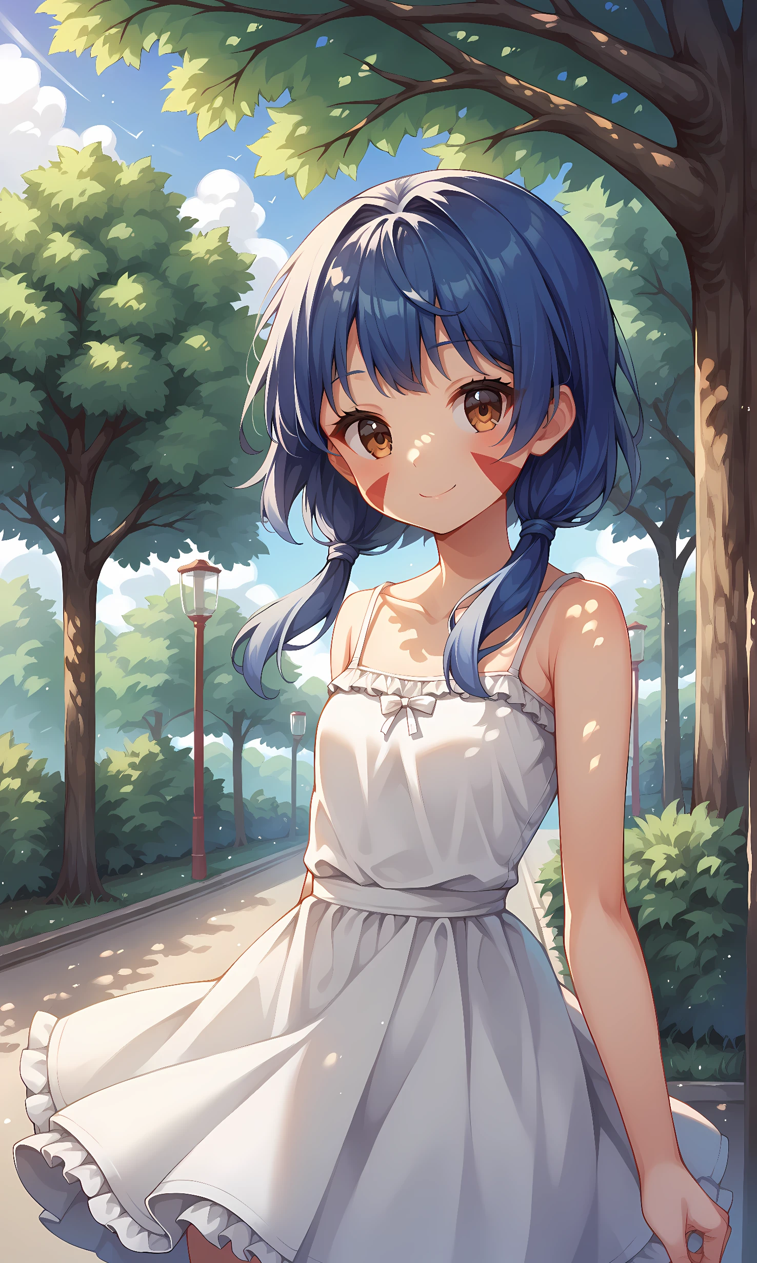 score_9, score_8_up, score_7_up, BREAK source_anime, 1girl, solo, outdoors, park, cowboy shot, looking at viewer, maeda, brown eyes, blue hair, short hair, low twintails, facepaint, spaghetti strap, sundress, white dress, frilled dress, smile, closed mouth, closed mouth