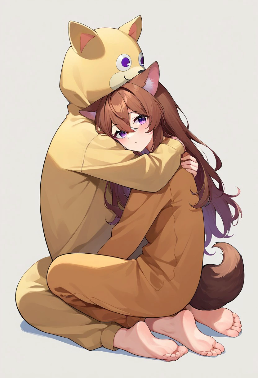 score_9, score_8, score_7, source_anime, onesie, anesie, tail, animal ears, hair between eyes, long hair, full body, brown hair, purple eyes, hugging, barefoot