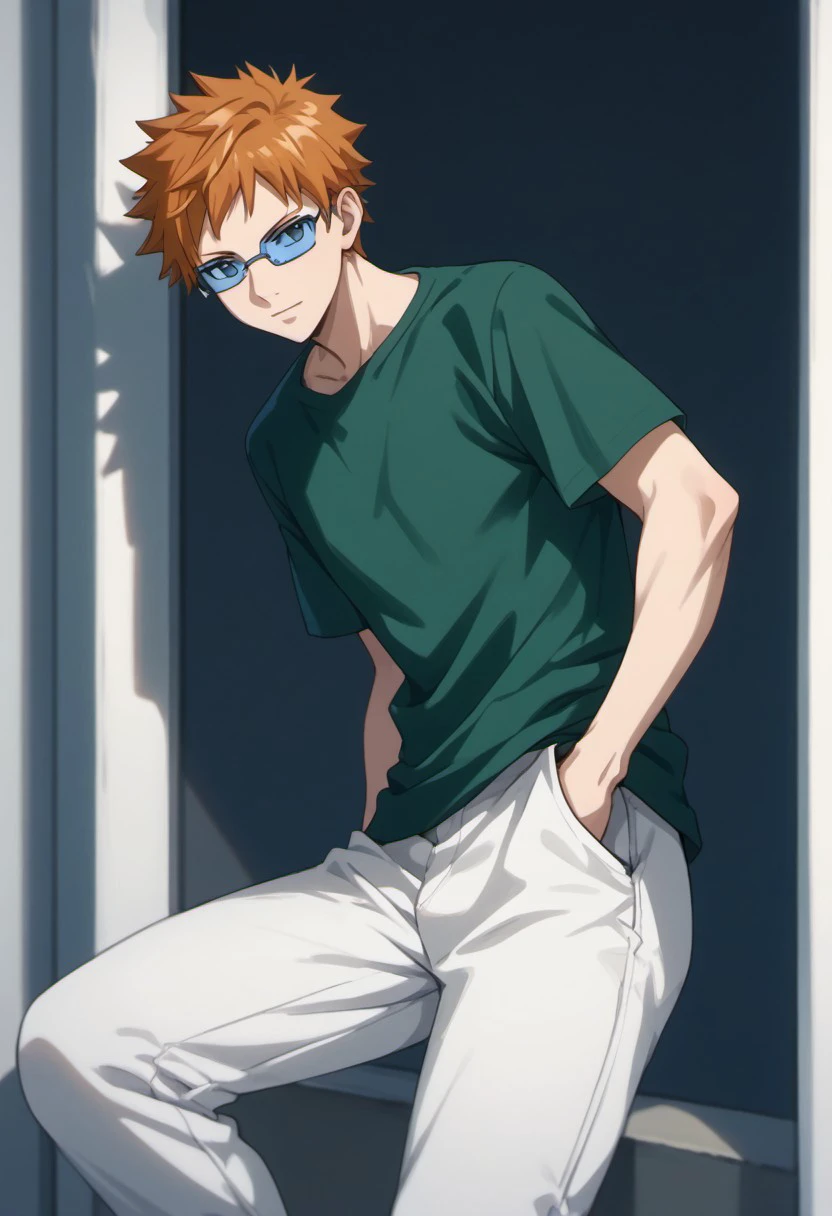 score_9, score_8_up, score_7_up, source_anime, rating_safe, LokeFT, blue Loke glasses, 1boy, male focus, green Loke shirt, white Loke pants,