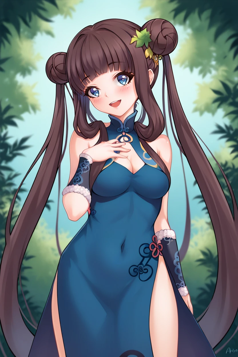 score_9, score_8_up, score_7_up, masterpiece, best quality,    <lora:AriSanStylePony:1>,  arisan_style, 1girl, solo, looking at viewer,
arisan_style, 1girl, solo, long hair, breasts, looking at viewer, blush, smile, open mouth, bangs, blue eyes, brown hair, hair ornament, dress, cleavage, bare shoulders, twintails, medium breasts, very long hair, purple hair, sidelocks, detached sleeves, blunt bangs, hair bun, double bun, blue dress, chinese clothes, hand on own chest, china dress, leaf hair ornament, yang guifei \(fate\)