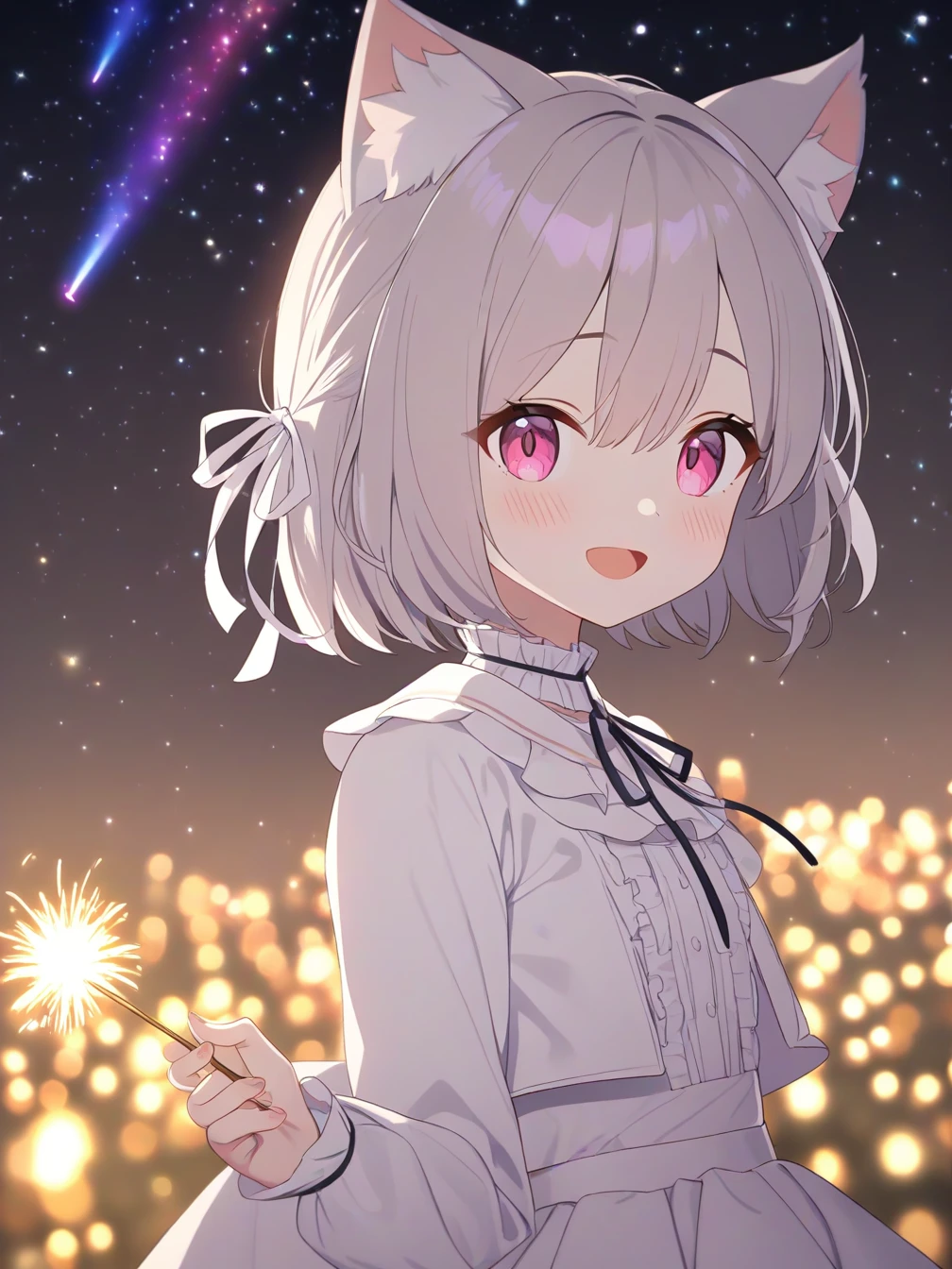 1girl,cat ears,animal ear fluff,hair ribbon,pink eyes,grey hair,short hair,bangs,hair between eyes,eyebrows visible through hair,blush,neck ribbon,white skirt,frilled_collar,crease,flat chest,standing,holding fireworks,smile,open mouth,looking at viewer,unreal,dreamy,colorful,night,night sky,starry sky,shooting star,from side,upper body,
<lora:blue_archive_official_6-000042:1>,