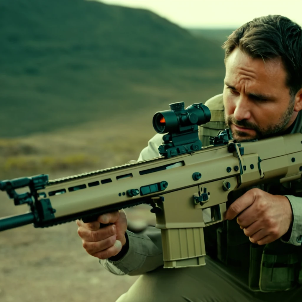 cinematic film still of  <lora:FN SCAR-HL:0.9>
FN SCAR-HL a man with a FN SCAR-HL assault gun, shallow depth of field, vignette, highly detailed, high budget, bokeh, cinemascope, moody, epic, gorgeous, film grain, grainy