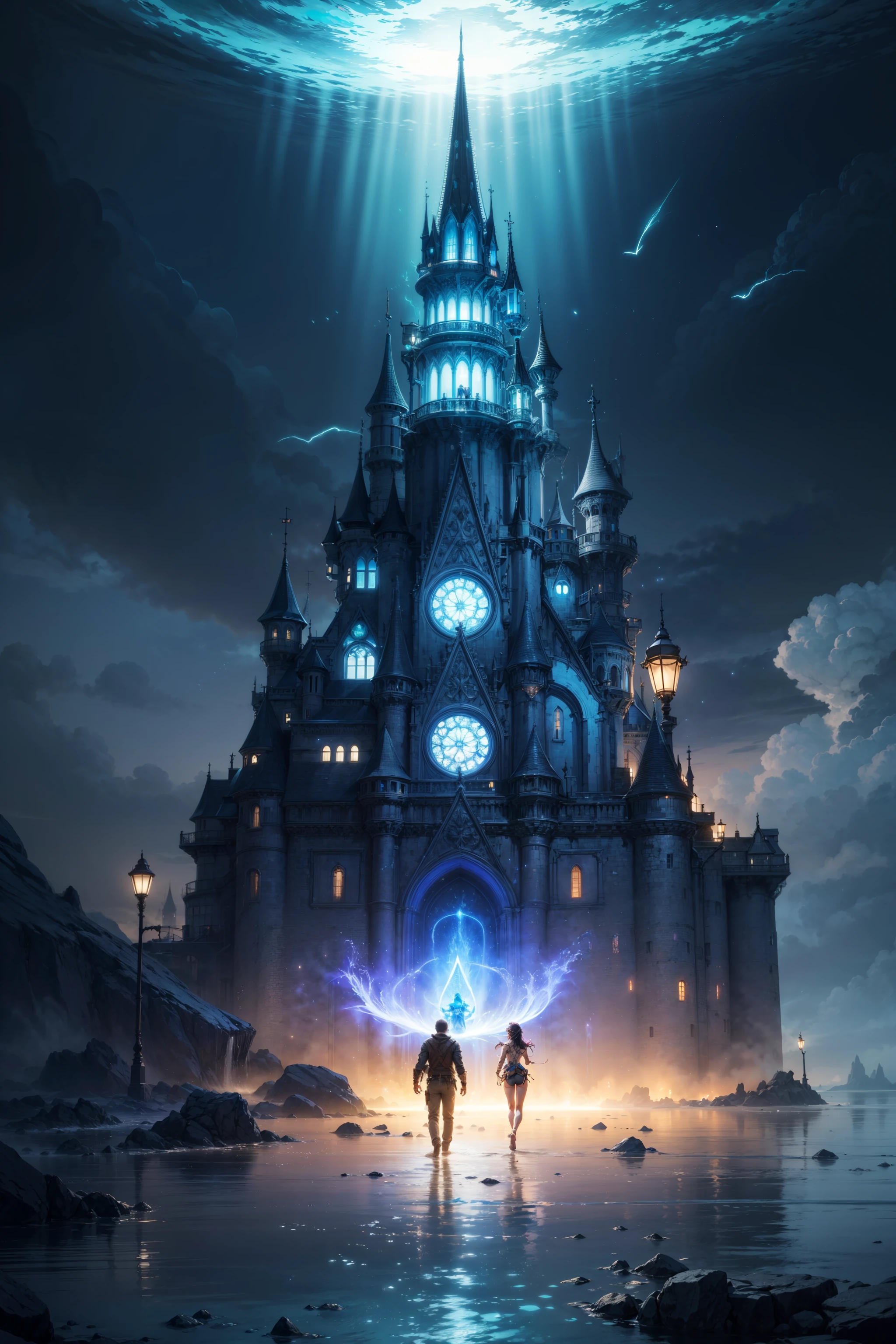 a group of explorers discover a hidden island where the inhabitants possess powerful magic that can control the elements, magic, lights, masterpiece <lora:General-Design\add_detail:0.7>