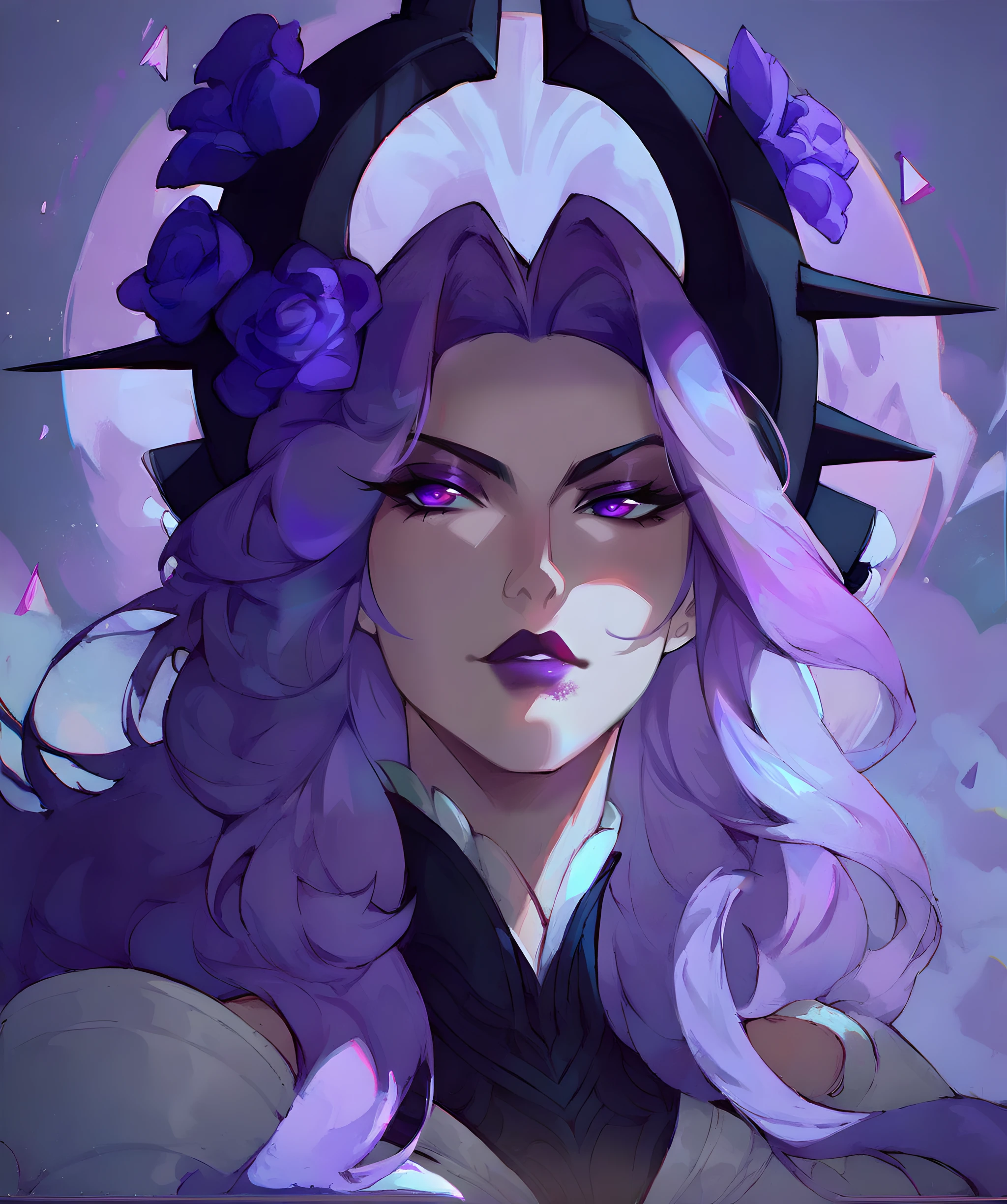 R0seS4ndra, syndra, 1girl, (purple eyes), long hair, purple hair, hair ornament, hair flower, score_9, score_8, score_7, source_anime, zPDXL, <lora:Withered_Rose_Syndra_Pony_v1:0.5>, portrait, <lora:d4rkv1b3XLP:1>, dramatic light