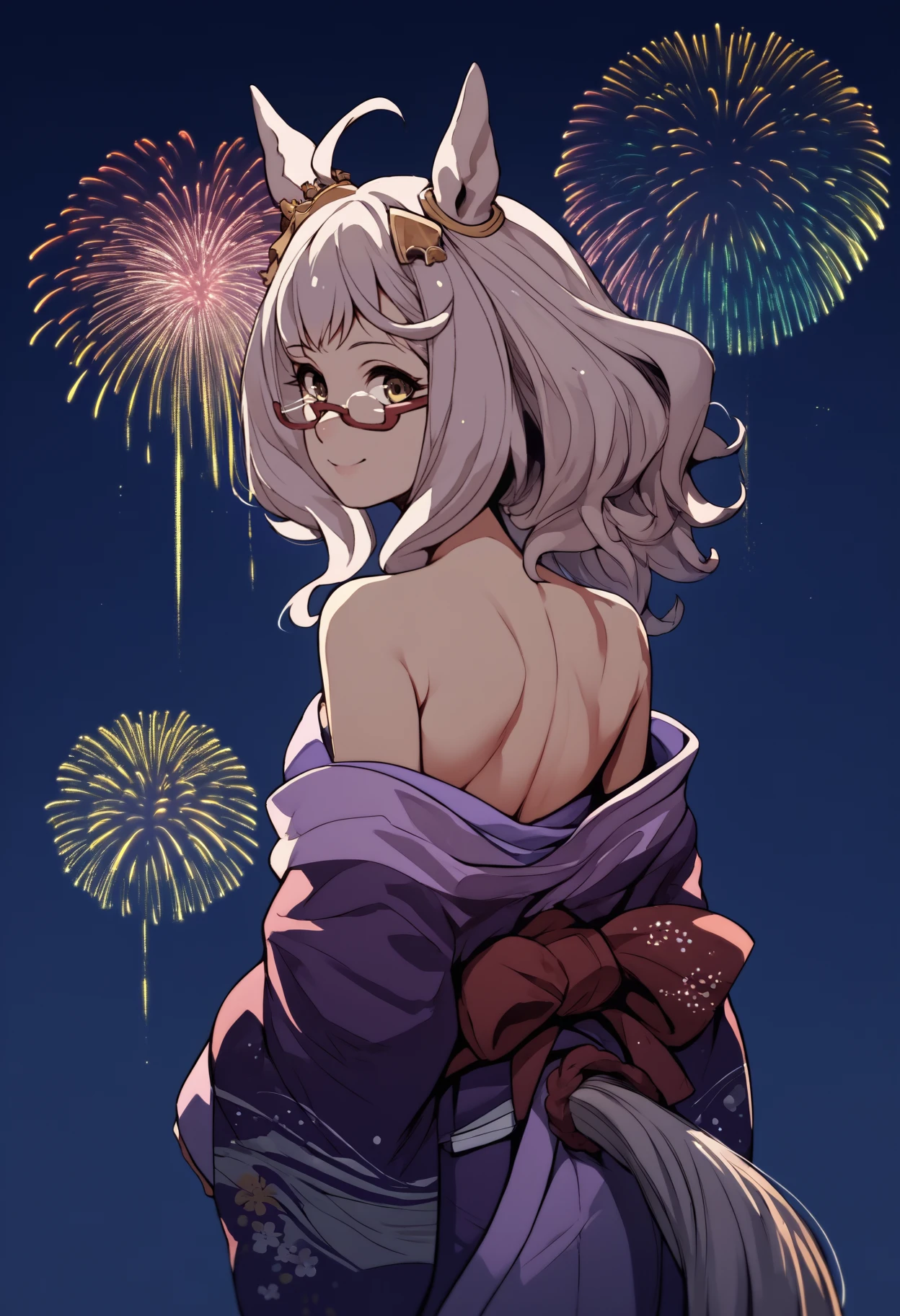 score_9, score_8_up, score_7_up, source_anime, from behind, solo, 1girl, biwa hayahide, horse tail, smile, looking back, ahoge, hair ornament, animal ears, ear ornament, glasses, semi-rimless eyewear, japanese clothes, purple kimono, off shoulder, bare shoulders, fireworks
<segment:yolo-face_yolov8m.pt,0.4,0.5>