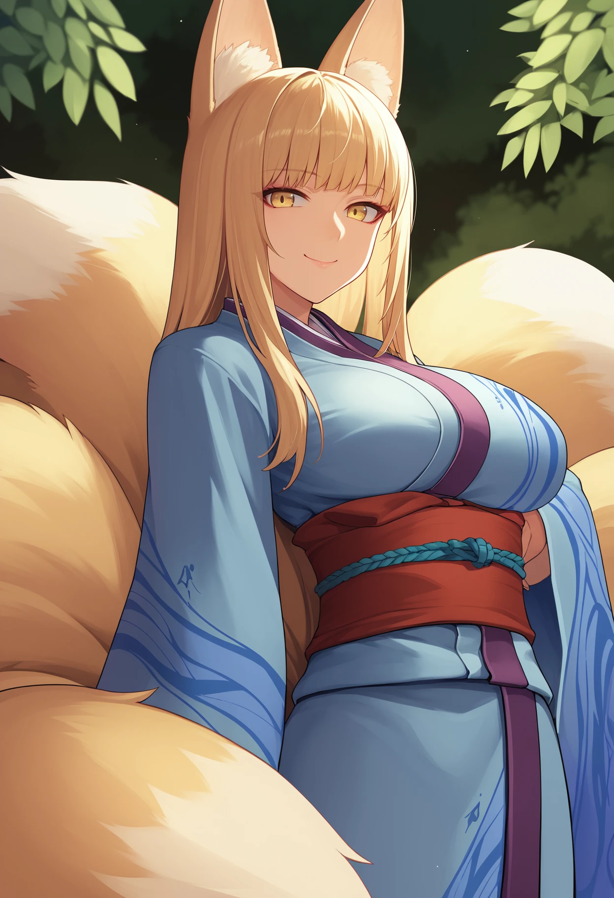 score_9, score_8_up, score_7_up, source_anime BREAK 1girl, solo, <lora:kitsune-mge-richy-v1_pdxl:1> inari, yellow eyes, fox ears, fox tail, multiple tails, blonde hair, long hair, large breasts, blue kimono, sash, looking at viewer, smile, closed mouth