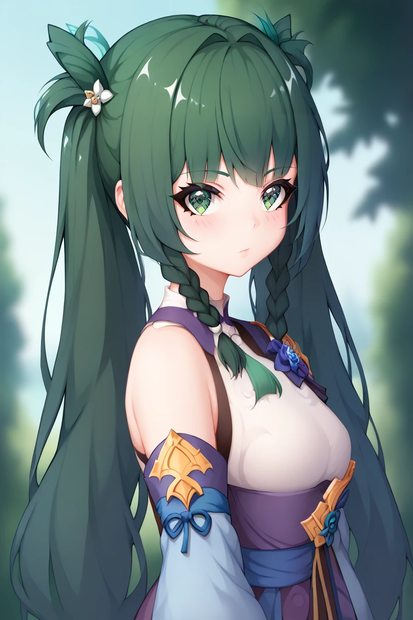 score_9, score_8_up, score_7_up, masterpiece, best quality,    <lora:AriSanStylePony:1>, arisan_style, 1girl, solo, looking at viewer,
 <lora:Zero_Qing yi_pony:0.8> Zero_Qing yi,green eyes,twintails,long hair,bangs,twin braids,green hair,side braided hair,