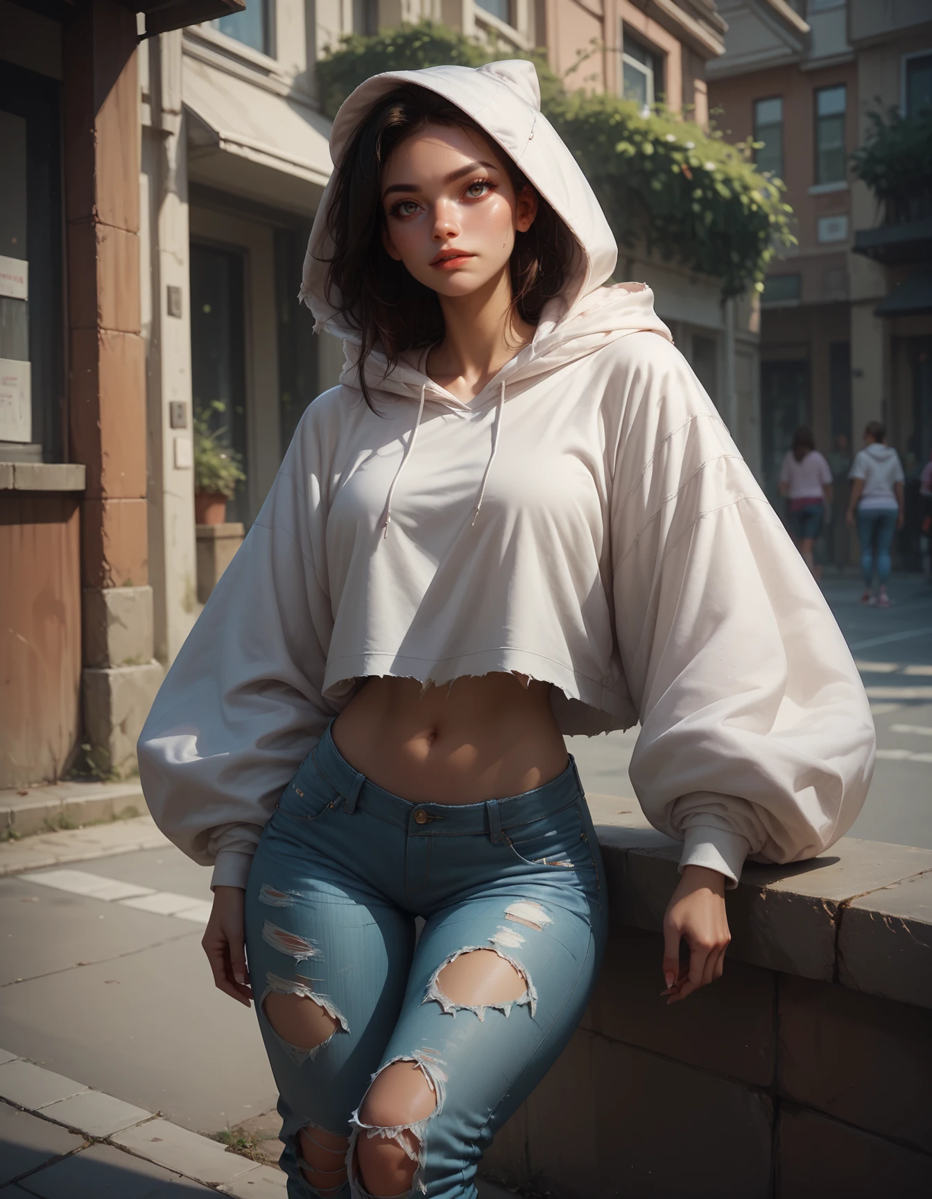 score_9, score_8_up, score_7_up, score_6_up, score_5_up, 1 girl, Jed-cslstwr, Casual Streetwear,  Oversized white hoodie, ripped jeans, sneakers, bare midriff, outdoor,    <lora:CasualStreetwear:0.7>