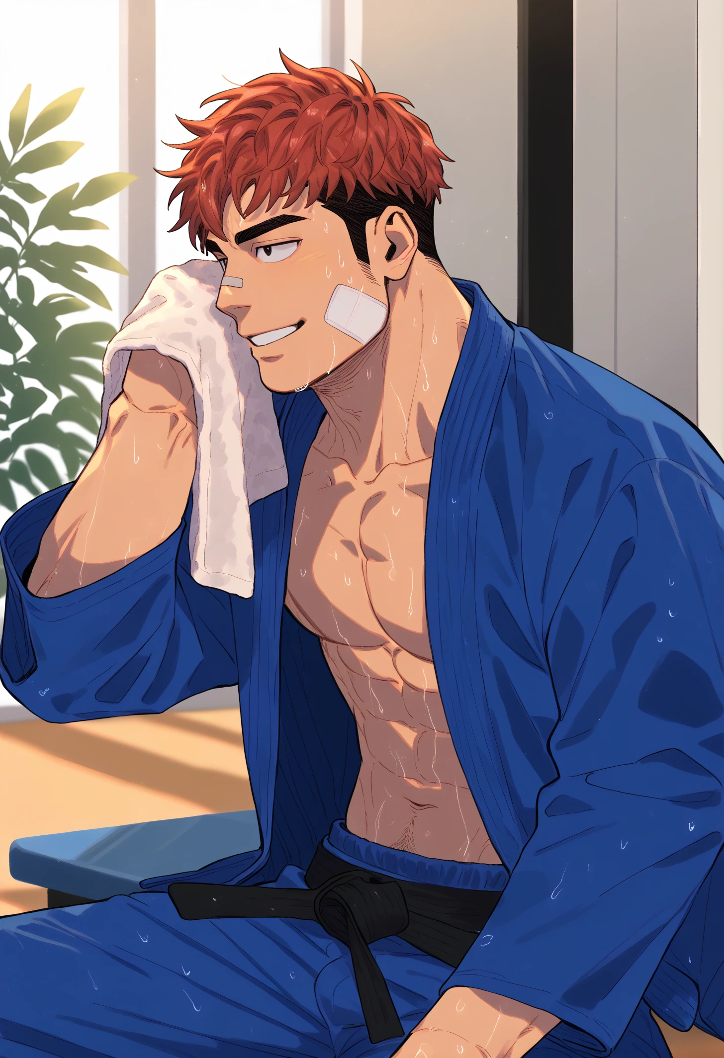 Cartoon man with towel in sauna sitting in sauna, muscular!!, muscular!, Handsome Saitama, Fluffy chest, gigachad muscular, muscular!!!, muscular! White, muscular的姿势, Naked chest, muscular body, Shirtless :: High Detail, fairly muscular, V-neck dress, a muscular, sweaty skin!!, OPPEIN, Full body close-up