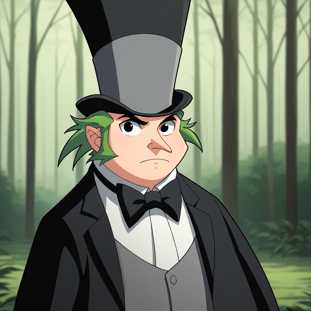 score_8_up, BREAK, 1boy, solo, oswaldcobblepot, green hair, black eyes, pointy nose, monocle, white shirt, grey vest, black suit, bowtie, top hat, upper body,  <lora:OswaldCobblepot_TVSerie_PXL_Leaf1:1>, outdoors, forest,