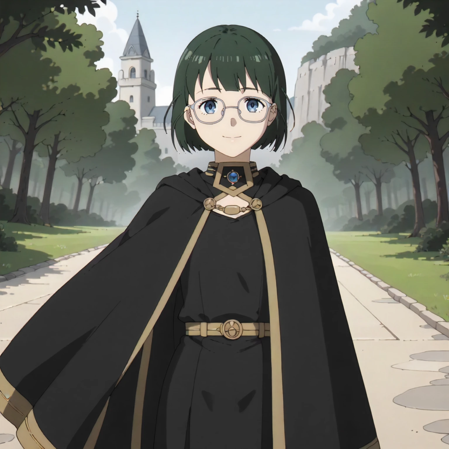 <lora:FBJE_receptionisXLpony001>,
outdoors,nature,
smile,
solo,
receptionis,1girl,green hair,short hair,blue eyes,eyewear,
cape,black uniform,robe,
standing,