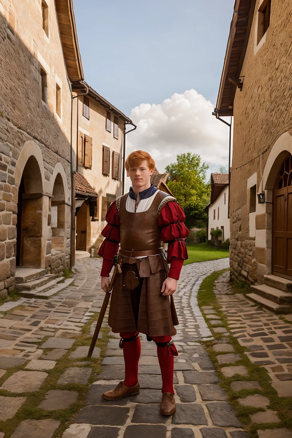 Moravian village with medieval architecture, cobblestone path, slight smile, ginger hair, VirgilCohen is a landsknecht, (((full body portrait))), wide angle,   <lora:VirgilCohen:0.8>   <lora:Landsknecht:0.75>