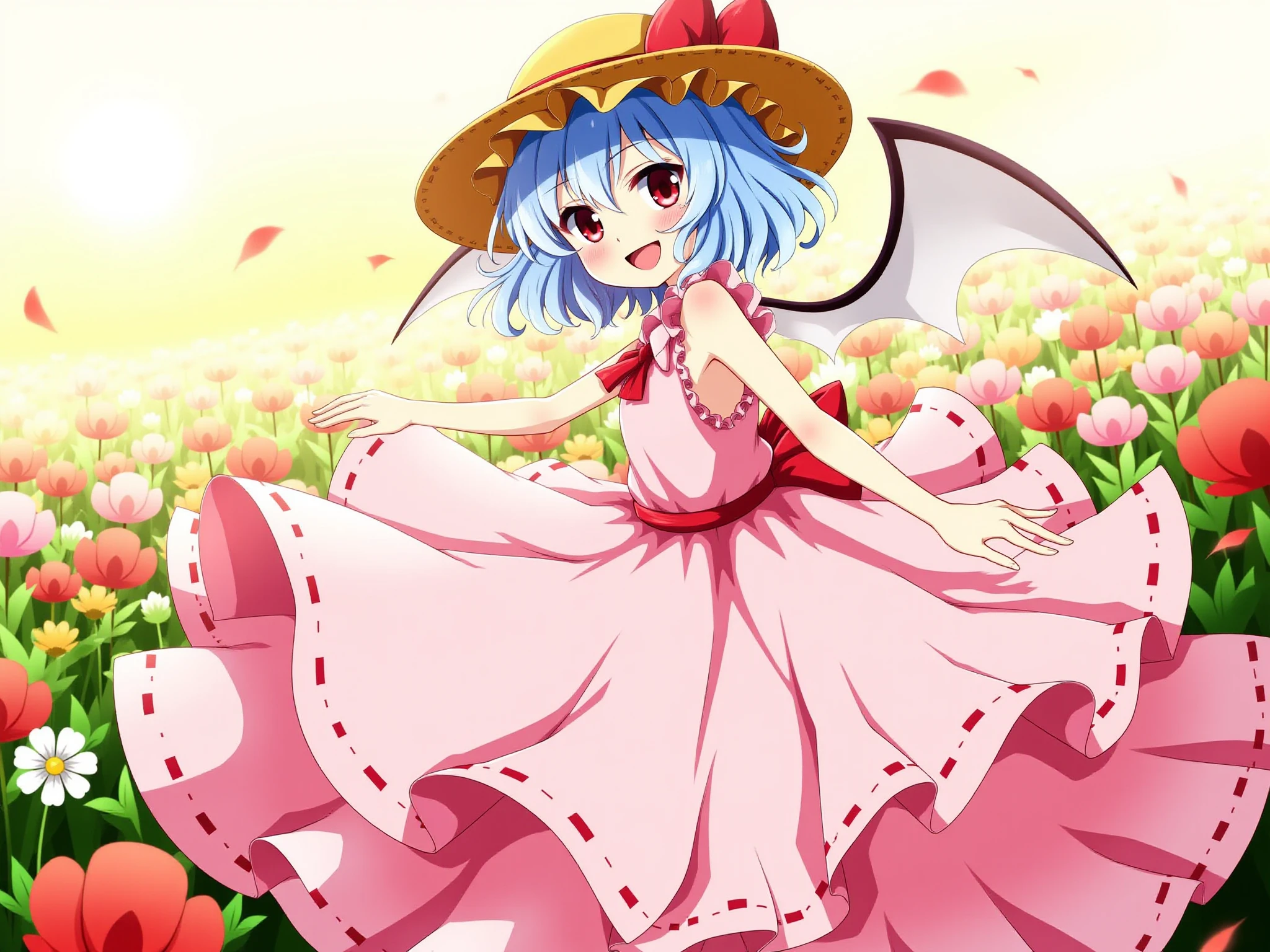 a clean masterpiece anime style illustration of Remilia Scarlet at a flower field, in a pastel pink sundress flowing beautifully as she spins around looking towards the viewer, with a big open mouthed smile and intricate and detailed red eyes, she is wearing a straw sunhat The sun shines over the flower field on this beautiful day. Remilia Scarlet's short light blue hair glints slightly in the sunshine. Two bat-like wings are visible on her back. Taken from the side.