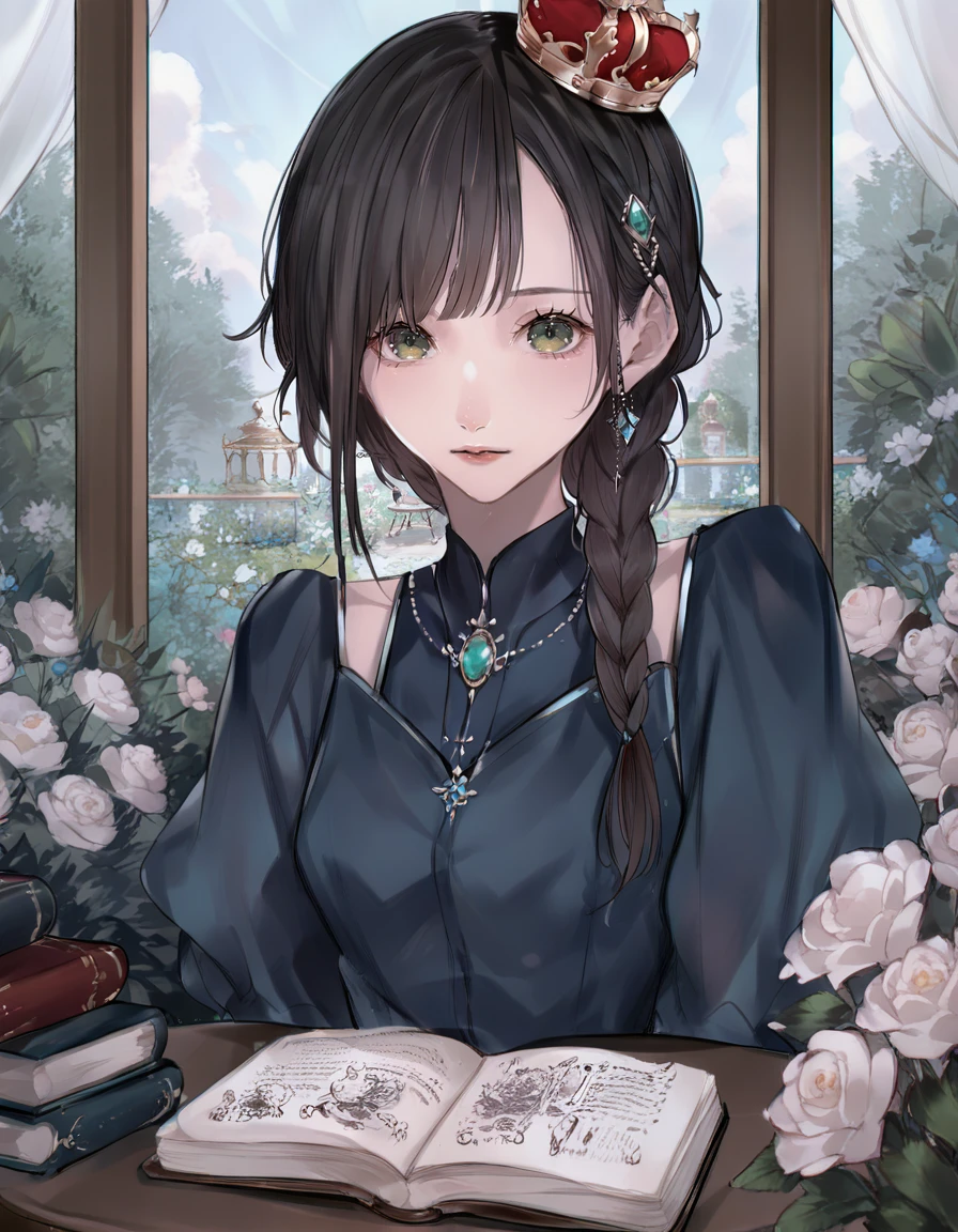 (score_9, score_8_up, score_7_up, score_6_up, (source_anime), 
close-up, 1girl, seated, blue dress, green eyes, braid-crown hairstyle, black hair, asymmetrical bangs, hands on table, outdoors, garden, reading a book, hands behind back <lora:Erigoth:1>