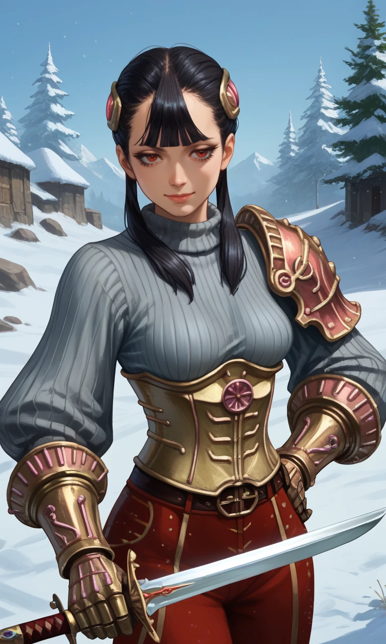 score_9, score_8_up, score_7_up, score_6_up, score_5_up, 1girl, smile, Ashei, armored collar, armored corset, belt, black hair, blunt bangs, boots, gauntlets, hair ornament, long hair, single pauldron, (red eyes), red pants, (grey ribbed sweater), shoulder armor, jitome, twintails, vambraces, long eyelashes, outdoors, snow, blizzard, half-closed eyes:0.7, holding sword, rapier