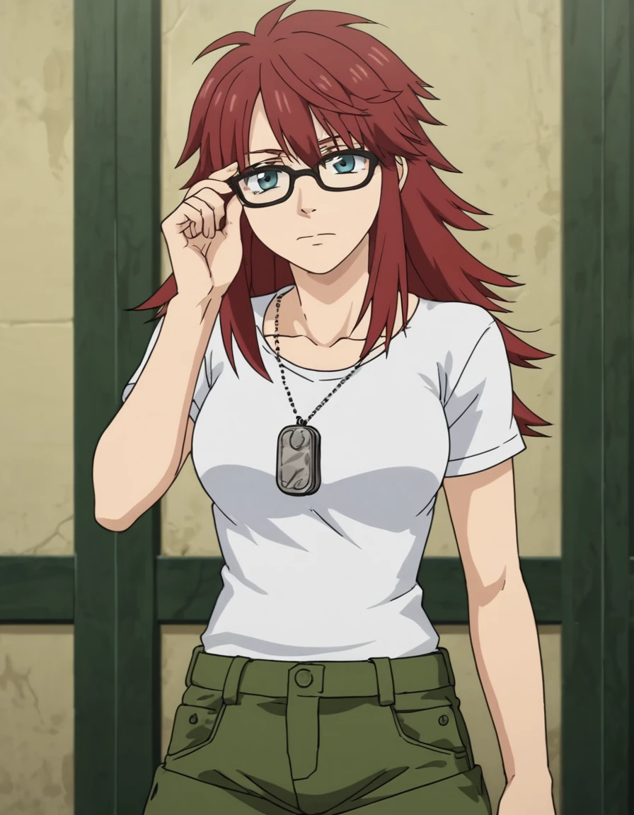 score_9, score_8_up, score_7_up, score_6_up, score_5_up, score_4_up, BREAK source_anime, anime screencap, <lora:GingerGangstaXL-06:1> GingerGangstaXL, 1girl, glasses, solo, dog tags, shorts, adjusting eyewear