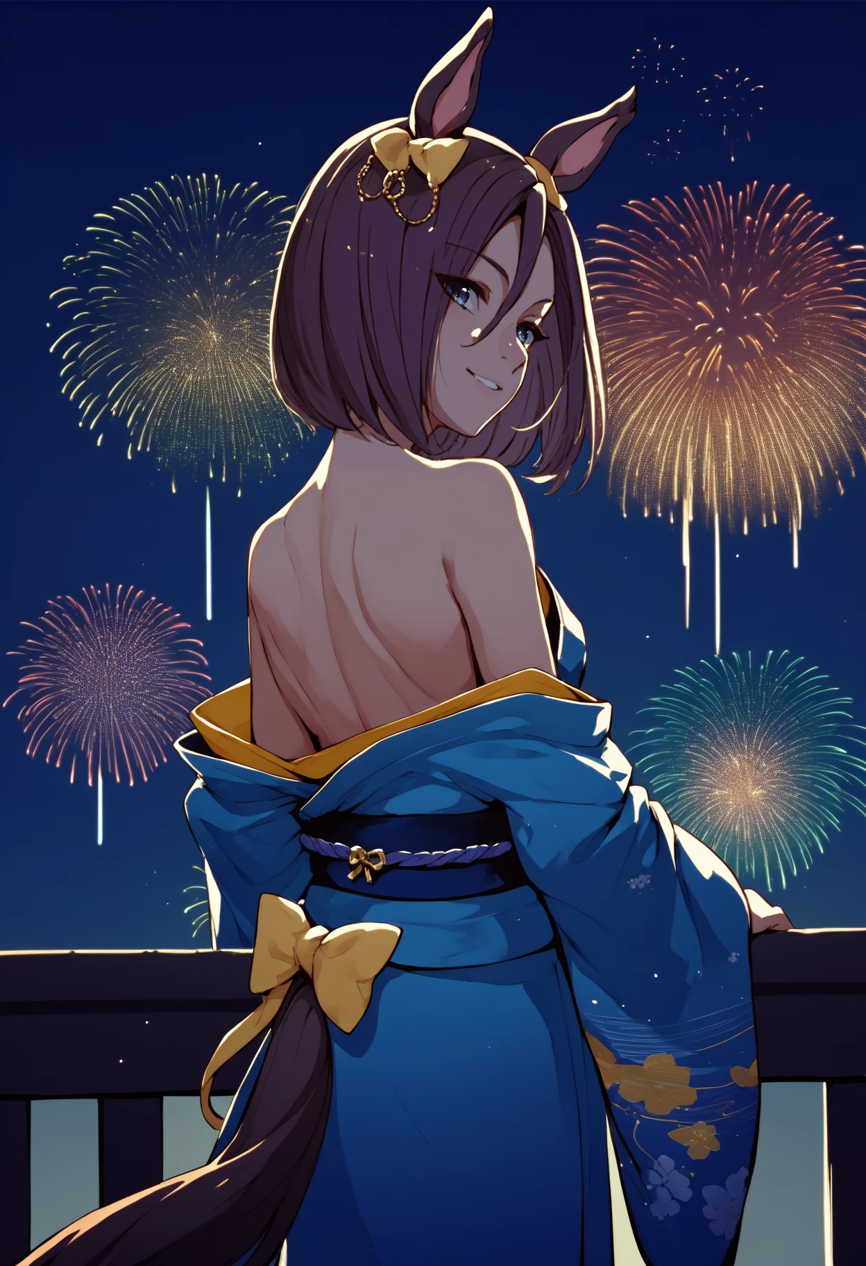 score_9, score_8_up, score_7_up, source_anime, from behind, solo, 1girl, airgroove, horse tail, smile, looking back, animal ears, ear bow, yellow bow, japanese clothes, blue kimono, off shoulder, blue sash, bare shoulders, fireworks <segment:yolo-face_yolov8m.pt,0.4,0.5>