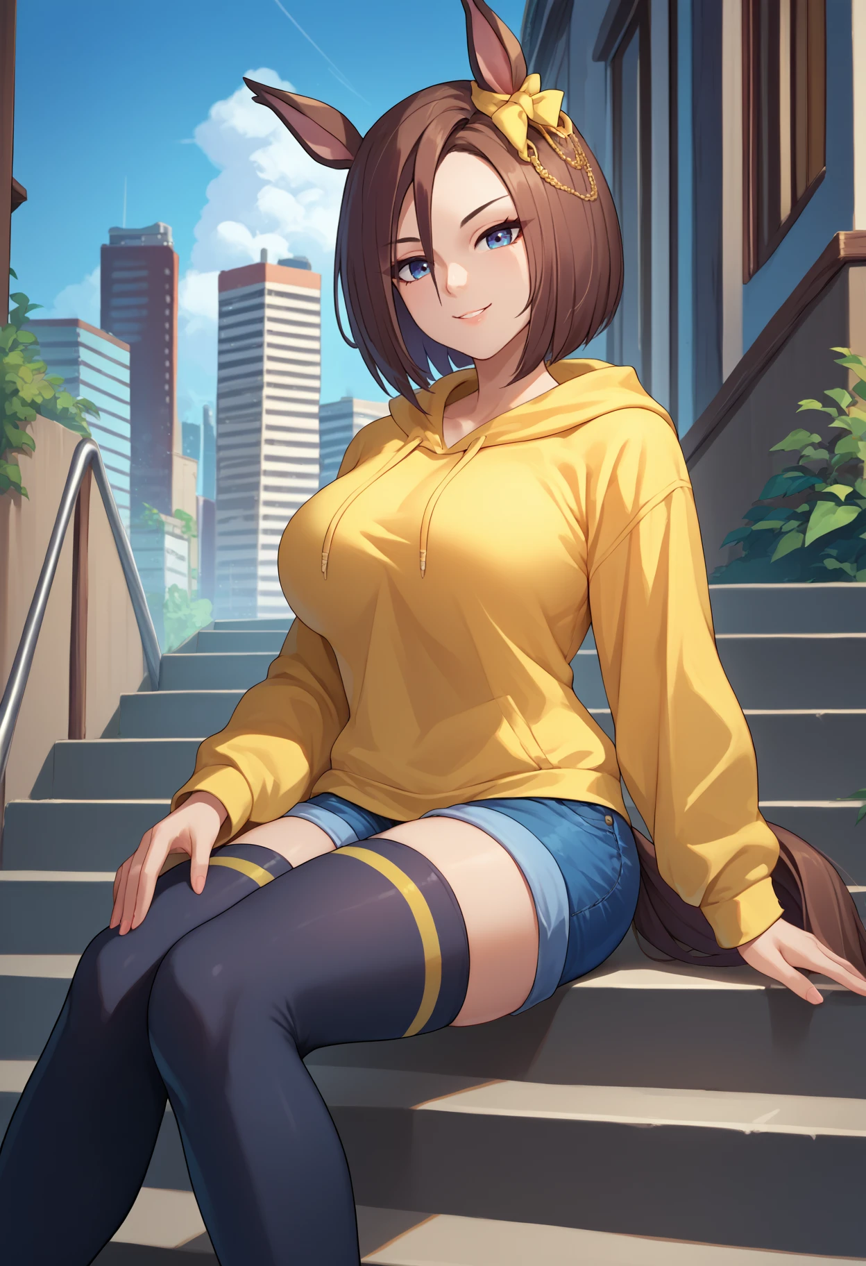 score_9, score_8_up, score_7_up, source_anime, solo, 1girl, airgroove, horse tail, smile, looking at you, sitting, stairs, animal ears, ear bow, yellow bow, yellow hoodie, blue shorts, denim shorts, black thighhighs, large breasts, outdoors, city <segment:yolo-face_yolov8m.pt,0.4,0.5>