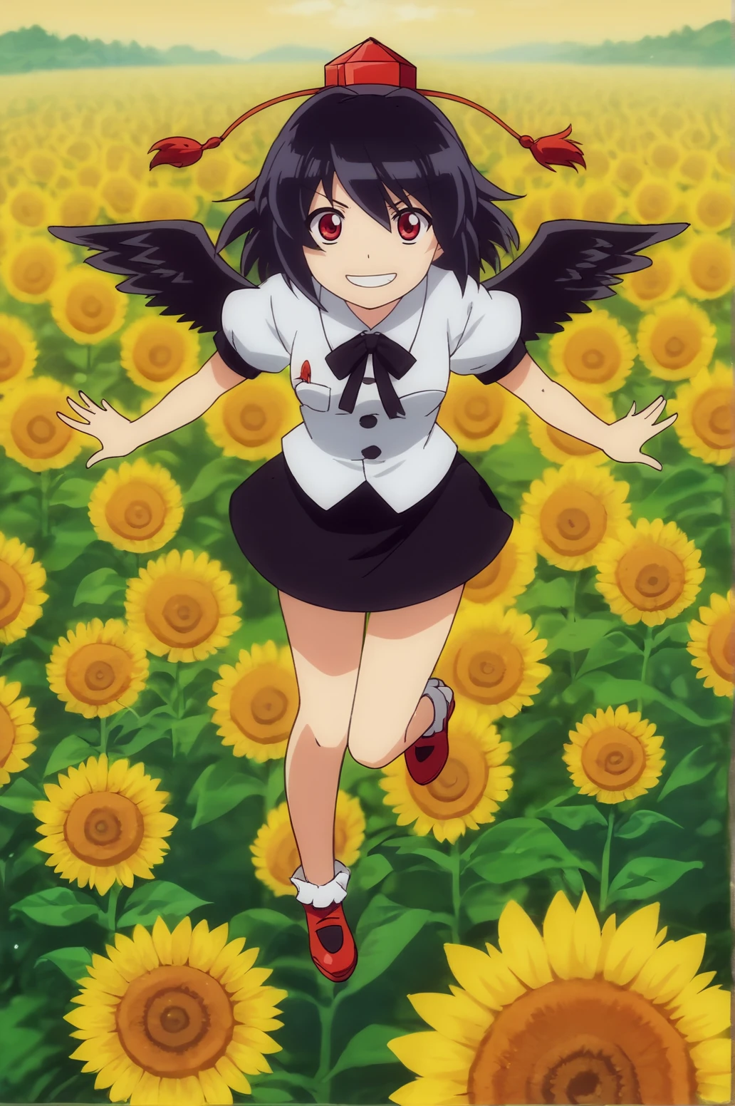 score_9, score_8_up, score_7_up,anime_source, source_anime, best background, detailed background, anime screencap,  Aya, black wings, flower, flower field, flying, geta, hat, looking at viewer, solo, sunflower, tokin hat, wings grin, outdoors, <lora:JN_Shameimaru_Aya:0.8>