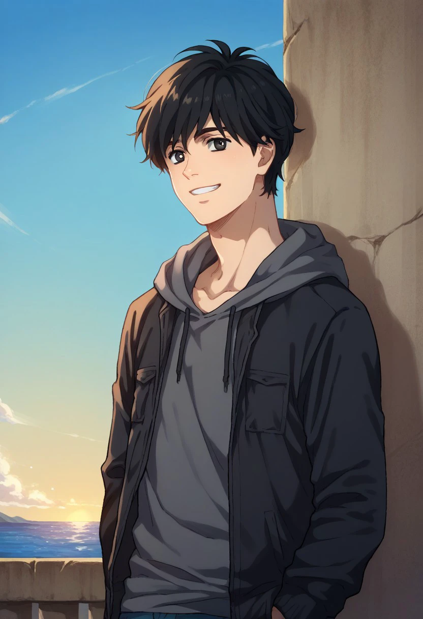 score_9, score_8_up, score_7_up, source_anime, highly detailed, 
eijiokumura, 1boy, male focus, solo, black hair, short hair, black eyes, upper body, hoodie, hood, pants, upper body, smile, slender, skinny
outdoor, sky,