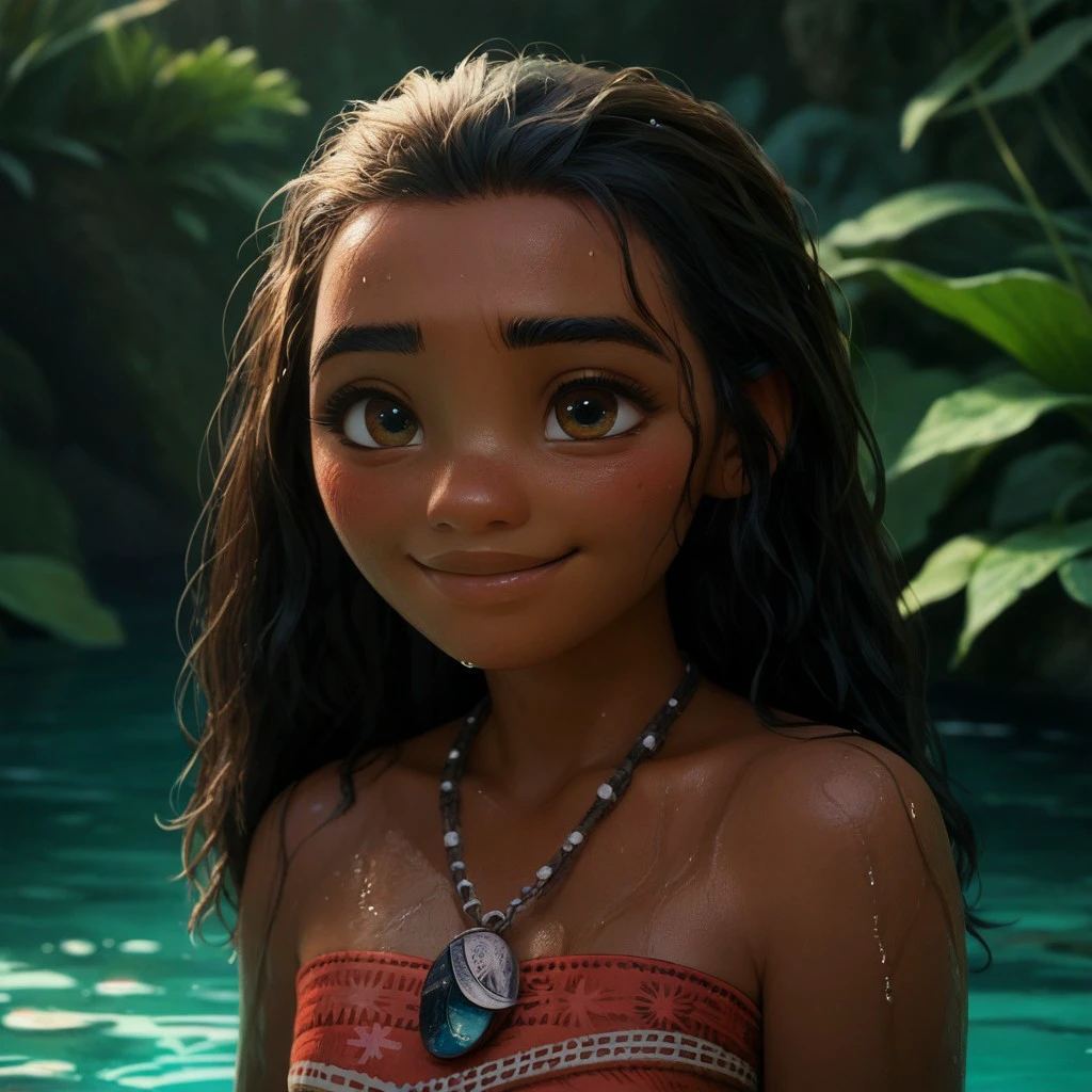 score_9, score_8_up, score_7_up, score_6_up, score_5_up, score_4_up, Moanam, in shallow water, seductive smile, blushing, solo, wet, dark skin, necklace