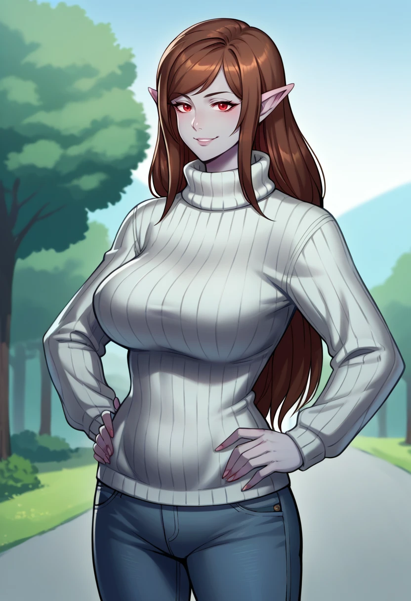 score_9, score_8_up, source_anime, 1girl, solo, ElfiettaOC, mature female, grey skin, pointy ears, red eyes, brown hair, long hair, outdoors, sweater, ribbed sweater, jeans, hands on hips, smile, <lora:ChamElfiettaOCPonyXL:1>