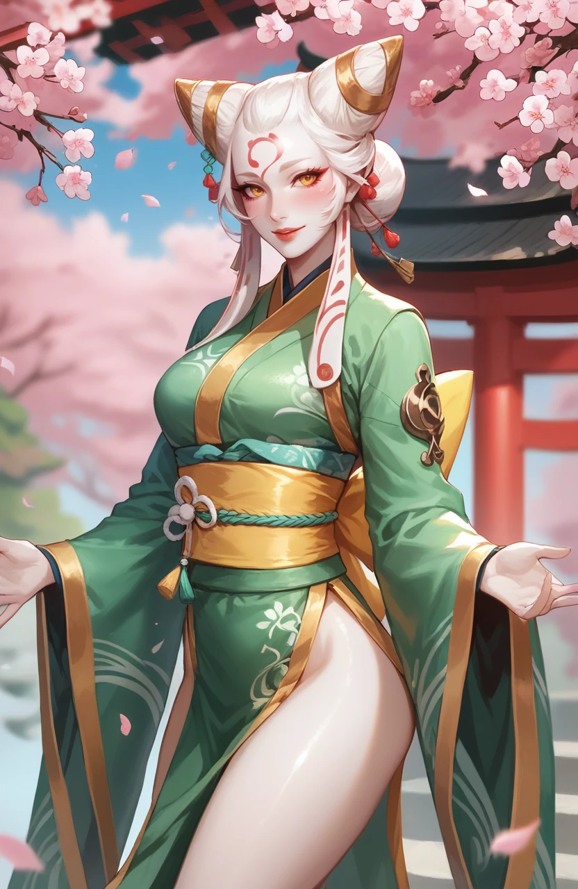 score_9, score_8_up, score_7_up, 
1girl, solo, <lora:TAMIYO:0.8>, colored skin, white skin, white hair, long hair, facial mark, forehead mark, hair bun, yellow eyes, lips, blush, smile, 
pelvic curtain, green dress, kimono, 
standing, shiny skin, looking at viewer, 
<lora:Smooth Anime 2 Style SDXL_LoRA_Pony Diffusion V6 XL:1>
depth of field, blurry background, blurry foreground, shrine, tori gate, cherry blossoms,