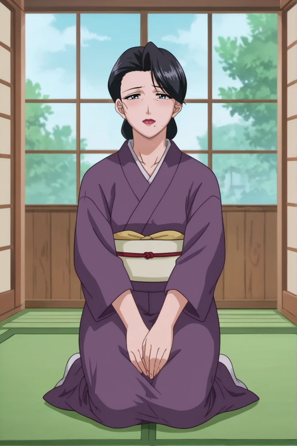 score_9, score_8_up, score_7_up,anime_source, source_anime, best background, detailed background, anime screencap,  Sumie, indoors, japanese clothes, kimono, mature, full body, on knees, indoors, <lora:JN_Sumie_Takayanagi:0.8>