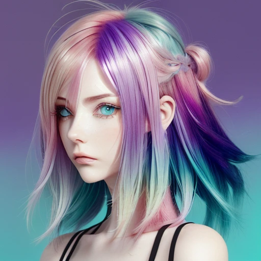 split-color hair, woodland camo hair, gradient hair, pure purple background, colored fractal background, dual-toned hair, aqua hair, blush pink hair, ash blonde hair