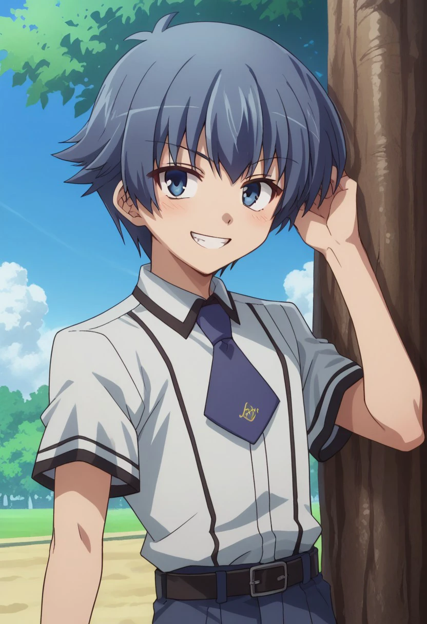 score_9, score_8_up, score_7_up, source_anime, highly detailed, 
kotatsuchiya, solo, male focus, 1boy, blue hair, blue eyes, school uniform, shirt,
white shirt, necktie, blue necktie, short sleeves, pants, blue pants, belt, upper body, smile, grin
outdoor, sky, tree