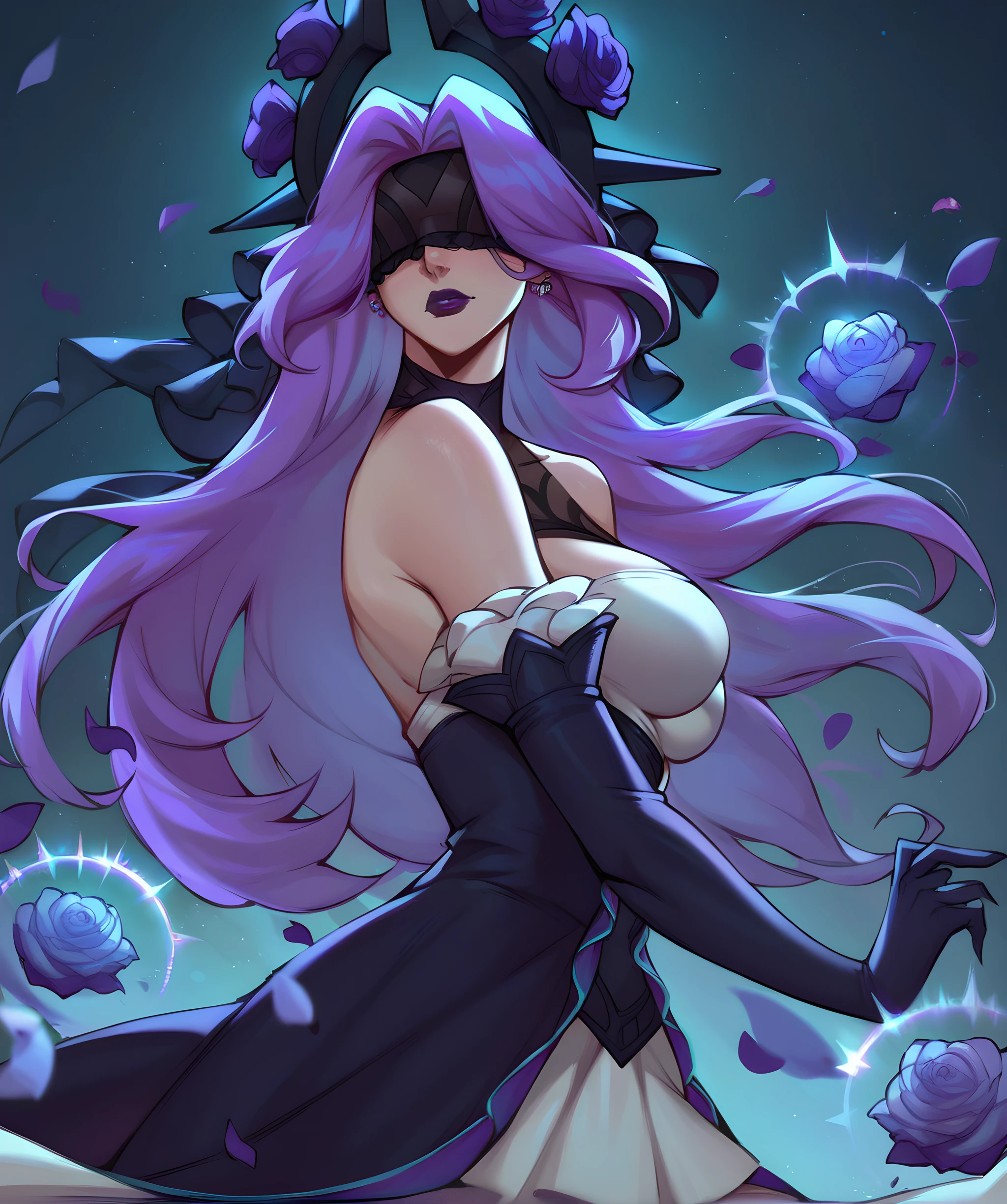 score_9, score_8, score_7, R0seS4ndra, syndra, 1girl, covered eyes, blindfold, purple flower, rose, long hair, purple hair, hair ornament, hair flower, dress, black dress, bare shoulders, zPDXL, <lora:Withered_Rose_Syndra_Pony_v1:0.7>, dramatic light