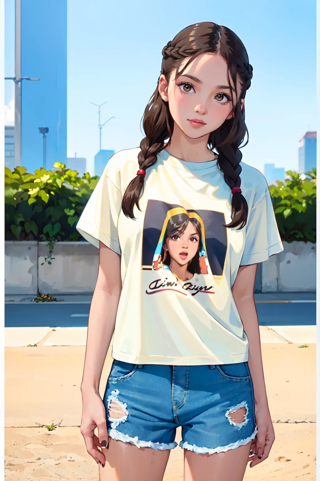  a photograph of (1girl, 21 years old, slight smile), <lora:ZH_ORodrigo_v1SD15:1>, zh_orodrigo, solo, realistic, brown eyes, black hair, looking at viewer, wearing (print t-shirt and denim shorts), twin braids,