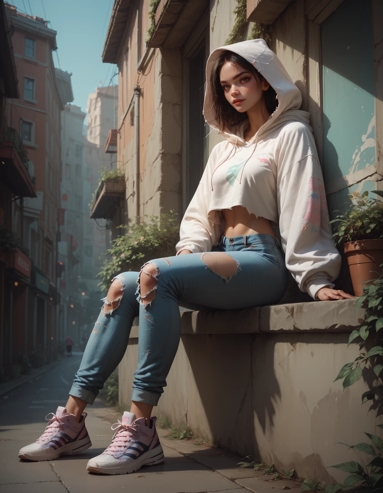 score_9, score_8_up, score_7_up, score_6_up, score_5_up, 1 girl, Jed-cslstwr, Casual Streetwear,  Oversized white hoodie, ripped jeans, sneakers, bare midriff, outdoor,    <lora:CasualStreetwear:0.7>