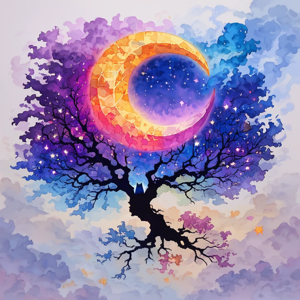 score_9, score_8_up, score_7_up,source_anime, (((1girl))),mixed Korean,Kpop idol, Surreal night scene,silhouette of a cat sitting on a tree branch,crescent moon in the sky,purple hues,starry night,dreamlike atmosphere,glowing edges,mystical,high contrast,ethereal light,detailed textures,whimsical,