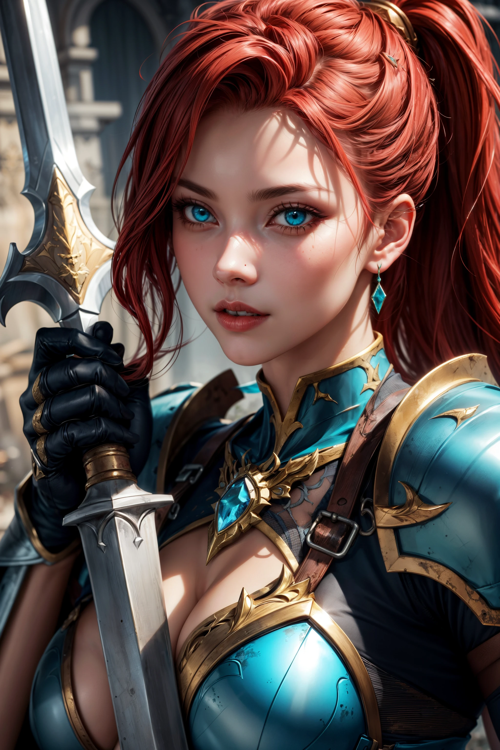 Fantasy warrior woman with red hair, blue eyes, holding a big sword, adorned with rusted gold and cyan gems, wearing armor rusted silver matte metal, close view, colorful, league of legends, detailed skin, realistic <lora:General-Design\add_detail:0.7>