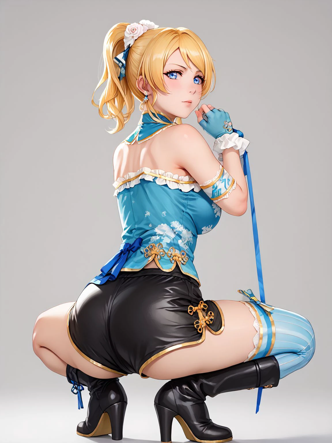 (Photorealistic:1.8, Highest quality:1.8,8K Masterpiece:1.8、Super detailed、Ultra-high resolution、Detailed Background)、((Flat Color))、((colorful))、Multicolored lighting、((Floating colorful water))、metallic、Blue background、
Bound Queen、Random Pause、(Chained、Golden Chain、Chained to the body、Chained first round、handcuffs)、Random Sexy Poses、Turn around、Angle from behind、
(Medium Hair、Blonde Hair、hair ornaments、choker)、(bondage、Mini Dress、choker、Knee-high stockings、garter belt、White biting panties)、Beautiful hip line、TWICE's Tzuyu' on pause、Beautiful blue eyes、(A rich expression、smile)