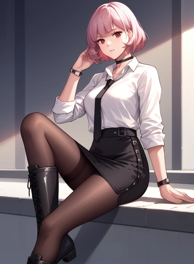 <lora:Gentiane_Girls_FrontlinePONY:1> gentiane, white and pink hair, short hair, bangs, red eyes, choker, white dress shirt, black tie, black pencil skirt, pantyhose, boots,, score_9, score_8_up, score_7_up, masterpiece, high quality, 8K