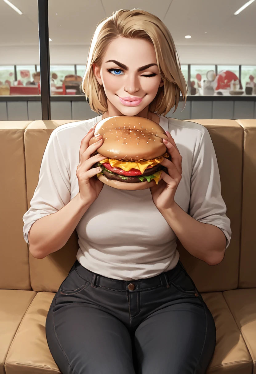 Billie Piper, masterpiece quality, realistic, lots of detail, in a McDonald’s, in a busy fast food restaurant, wearing leather jacket, wearing white t-shirt, (white t-shirt:1.5), wearing blue jeans, wearing choker collar, shirt hair, sexy pose, hamburgers and french fries on table, big breasts, (big breasts:1.1), thin, sitting at table,