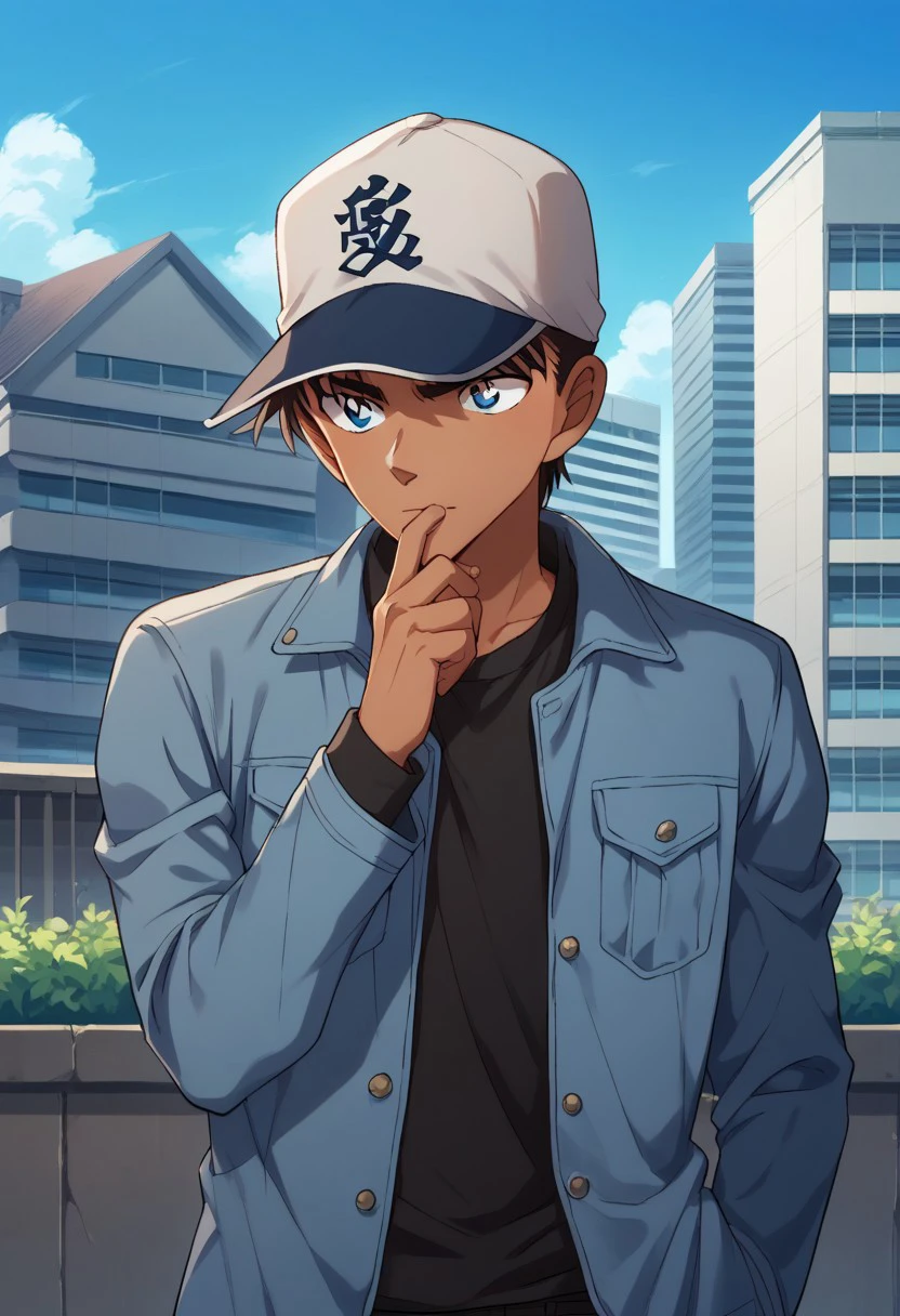 score_9, score_8_up, score_7_up, source_anime, highly detailed,  
heijihattori, solo, 1boy, hat, male focus, hand under own chin, thinking, dark skin, blue eyes, jacket, dark-skinned male, pants, black shirt, upper body, brown hair, standing, shirt, baseball cap
outdoor, sky, buildings