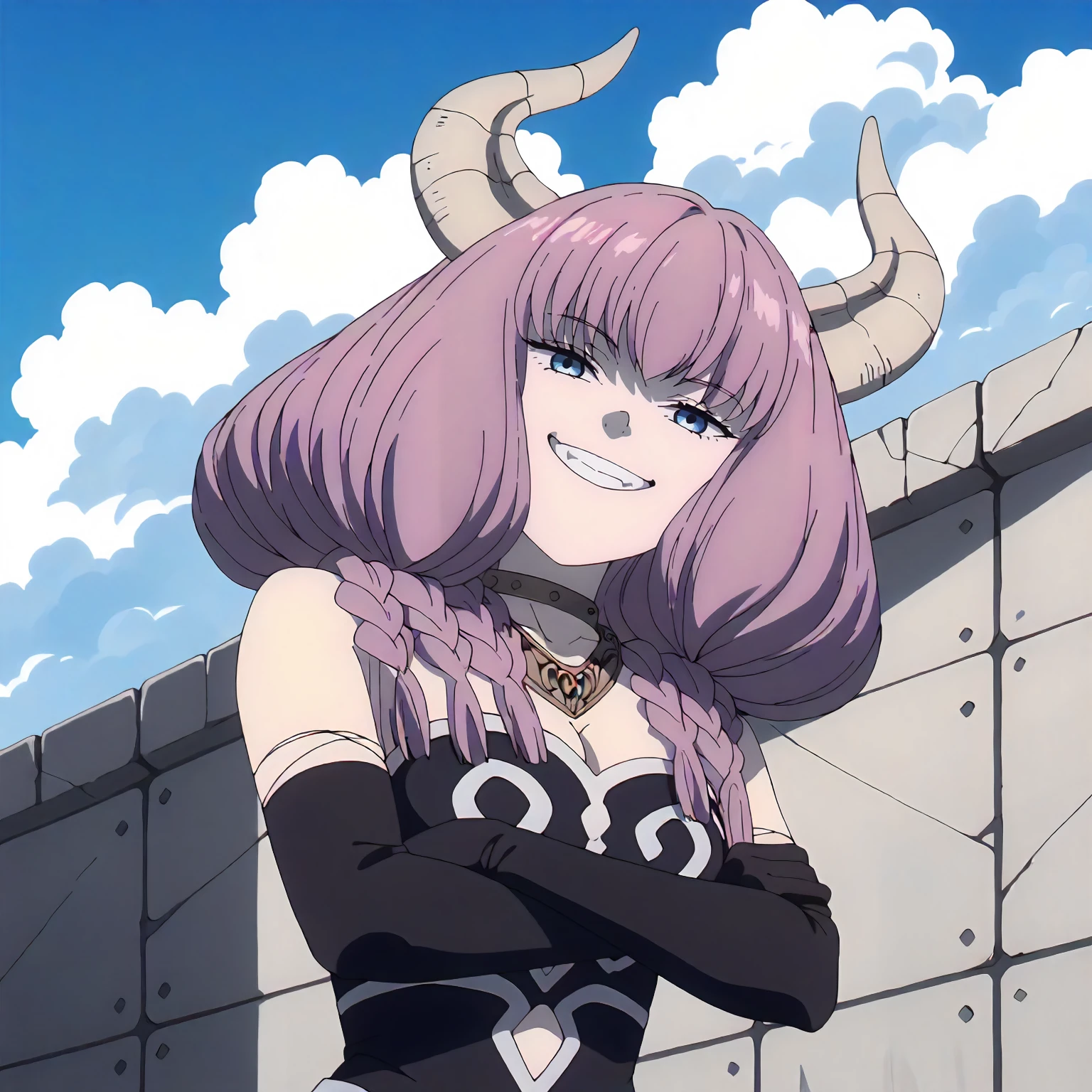 <lora:FBJE_TheGuillotineAuraXLpony009>,
blue sky,cloud,natural light,
half-closed eyes,looking at viewer,grin,shadow,
from below,
solo,
TheGuillotineAura,1girl,pink hair,horns,multiple braids,blue eyes,
choker,necklace,
bare shoulders,cleavage,
black elbow gloves,crossed_arms,